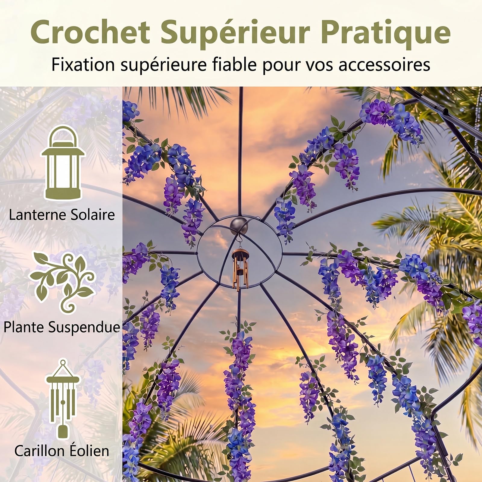 GYMAX Arche de Jardin Rosier en Forme de Cage à Oiseaux, Tonnelle en Métal pour Plantes Grimpantes, Treillis Verticaux, Cadre Métallique Robuste, Décoration pour Repas, Fête, Mariage, 203 x 296 cm