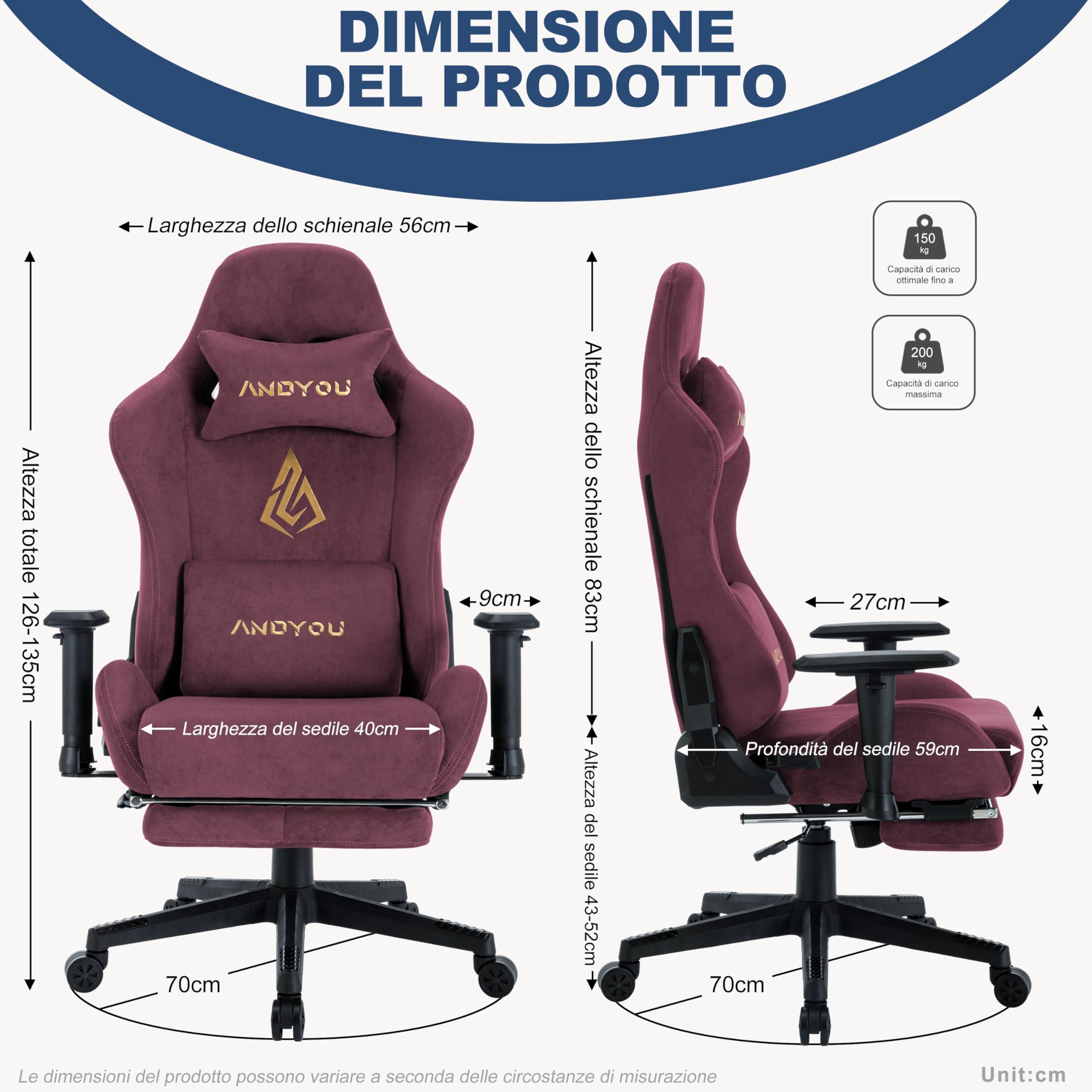 Andyou Silla Gaming Ergonómica | Reclinable 150° con Reposabrazos 2D Ajustables, Soporte Lumbar y Cervical, Capacidad 200 kg, Ruedas Silenciosas