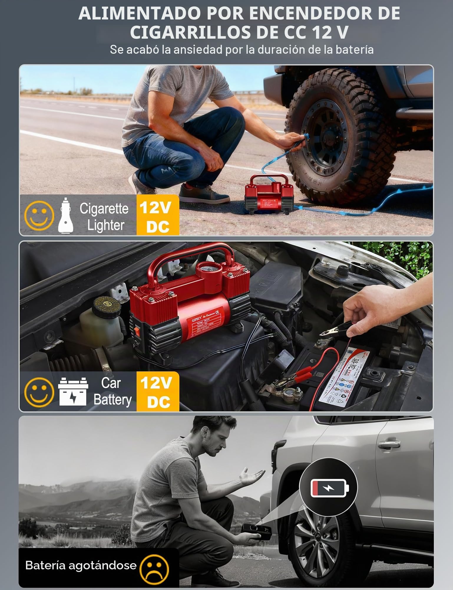 GSPSCN compresor de aire portátil de metal DC 12V，Hinchador Ruedas Coche de neumáticos rojo de doble cilindro de servicio pesado, Inflador Ruedas Coche, Bomba Eléctrico 150PSI con Luz LED