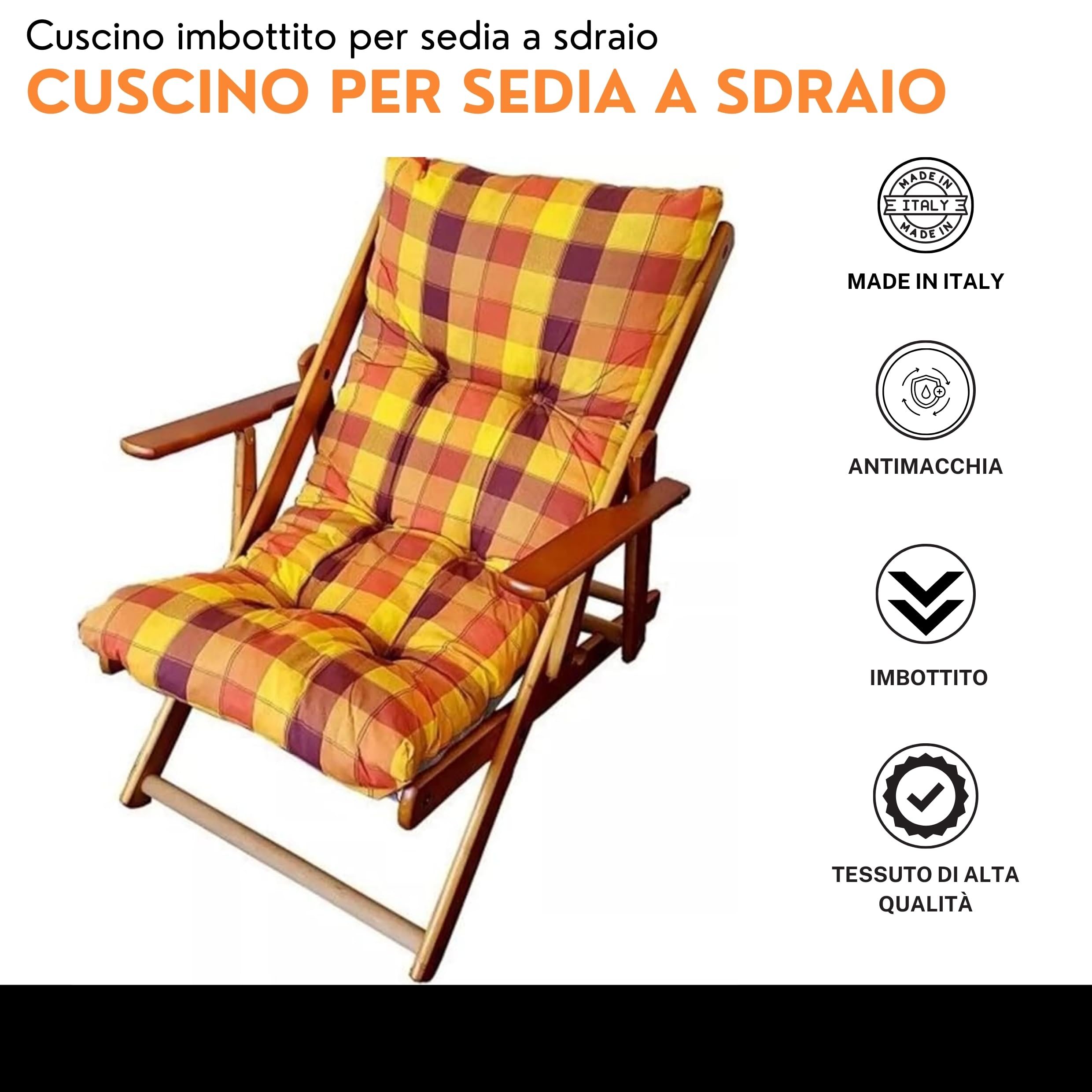 Cuscino di Ricambio Originale per Sedia Sdraio Relax – 100% Cotone Traspirante, Antimacchia, Lavabile, Comfort Elevato per Interni ed Esterni (Arancione a quadri)