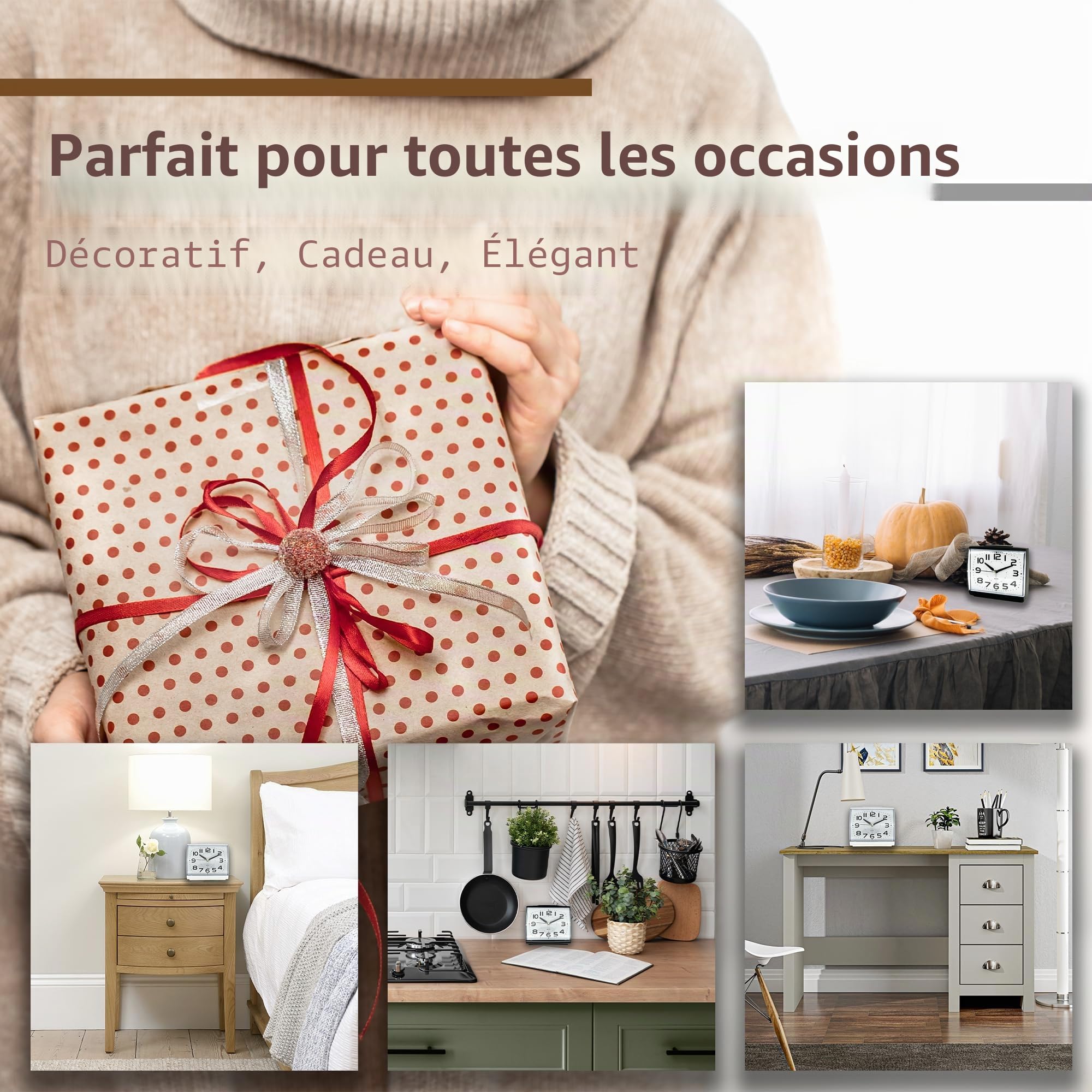 A5 - Réveil silencieux sans tic-tac, grande taille, horloge analogique avec veilleuse, fonction snooze, alimentation par piles, design Art déco, idéal pour toutes décos
