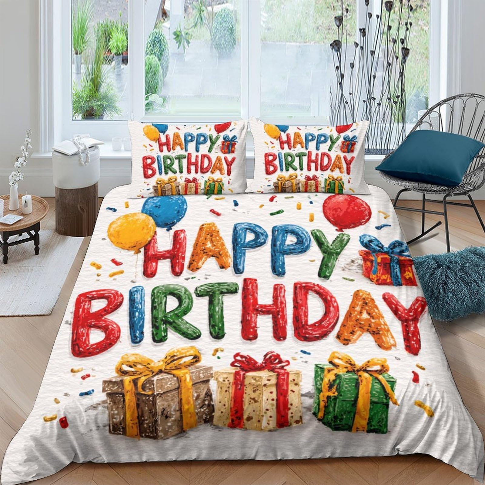 Ctjqhvkz Style-5 3D Printed Birthday Balloons Fitted Sheet Microfiber Colourful Gift Boxes Bed Sheet For Bedroom Guest Room Decor Single（135X200cm）