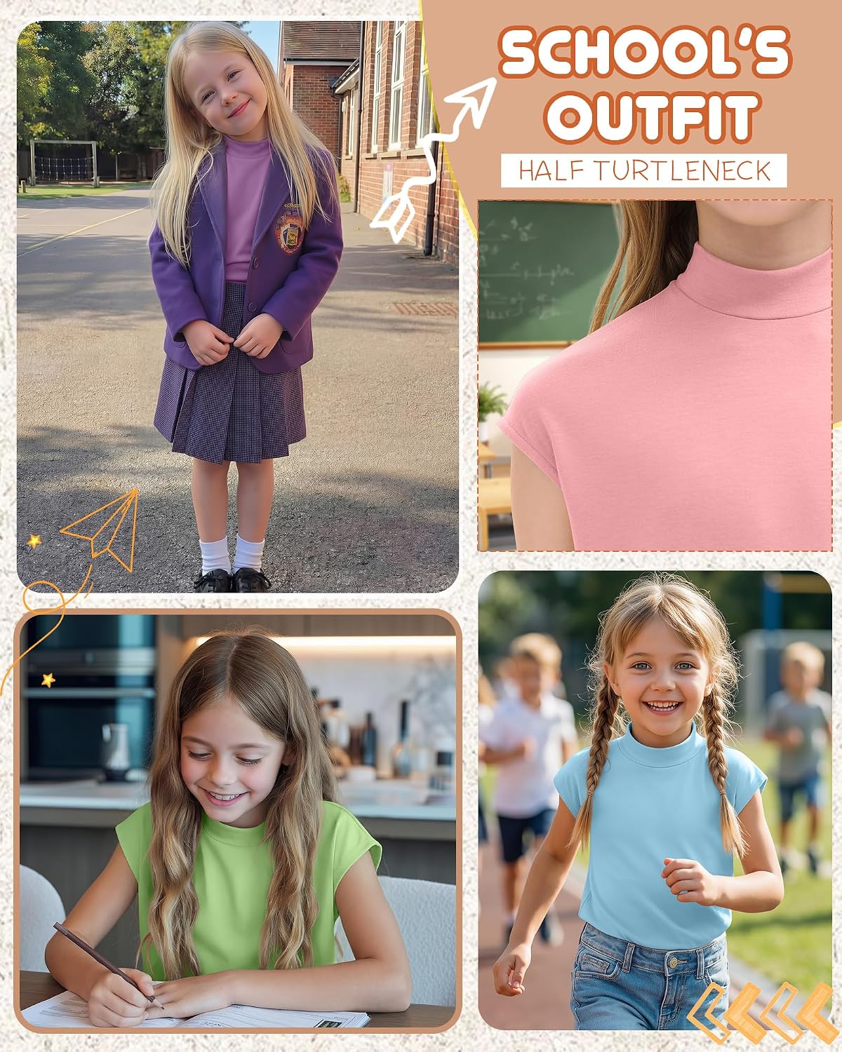 Oakgarden 4 Pack Girl's Cap Sleeve Shirts Mock Turtle Neck T-Shirts Soft Casual Tunic Top Stretchy Cute Solid Summer Tees Top