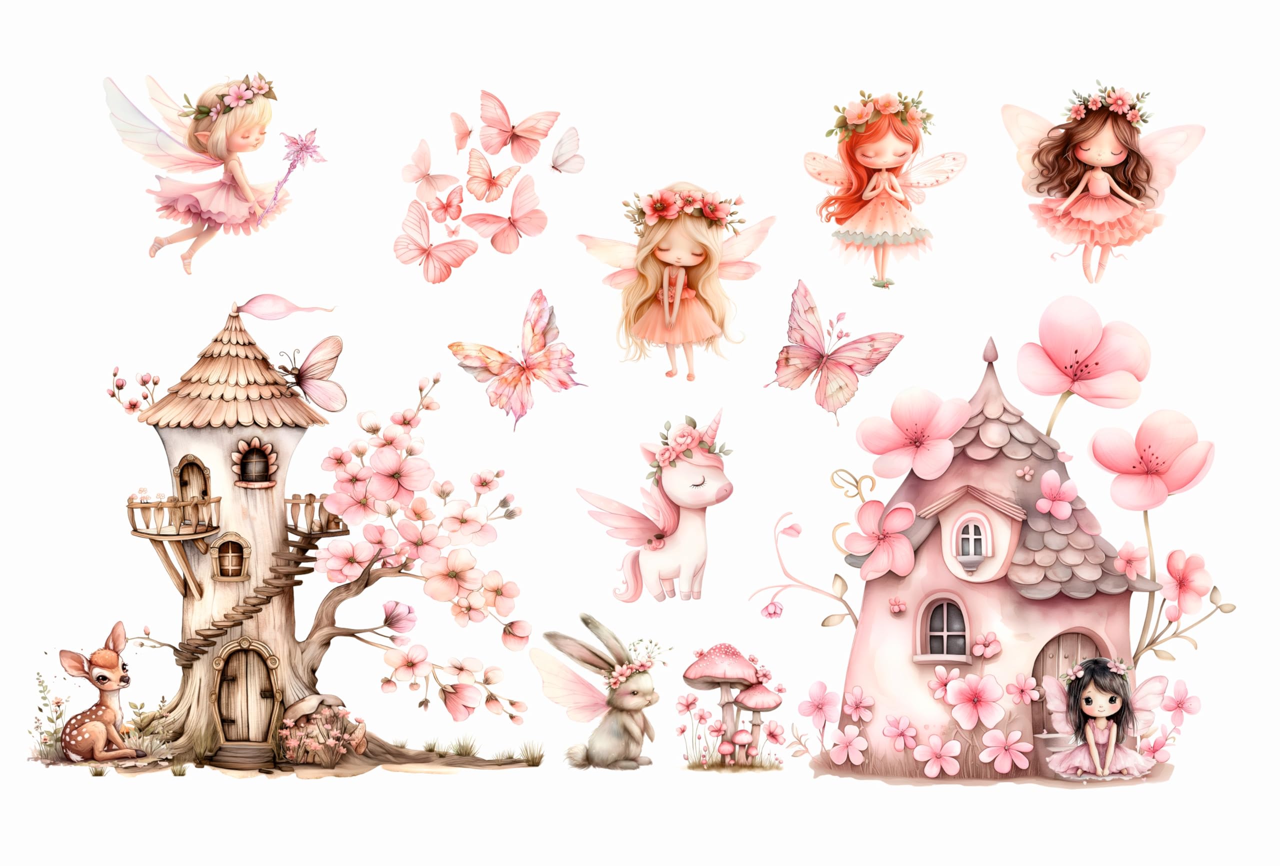 Wandtattoo Wandsticker Blume Fee Feen Blumen Schmetterling Elfen Rosa Wandtattoo Buntes Pflanze Selbstklebend Wandaufkleber Abnehmbar Wandkunst Aufkleber für Mädchen Kinder Kinderzimmer Schlafzimmer