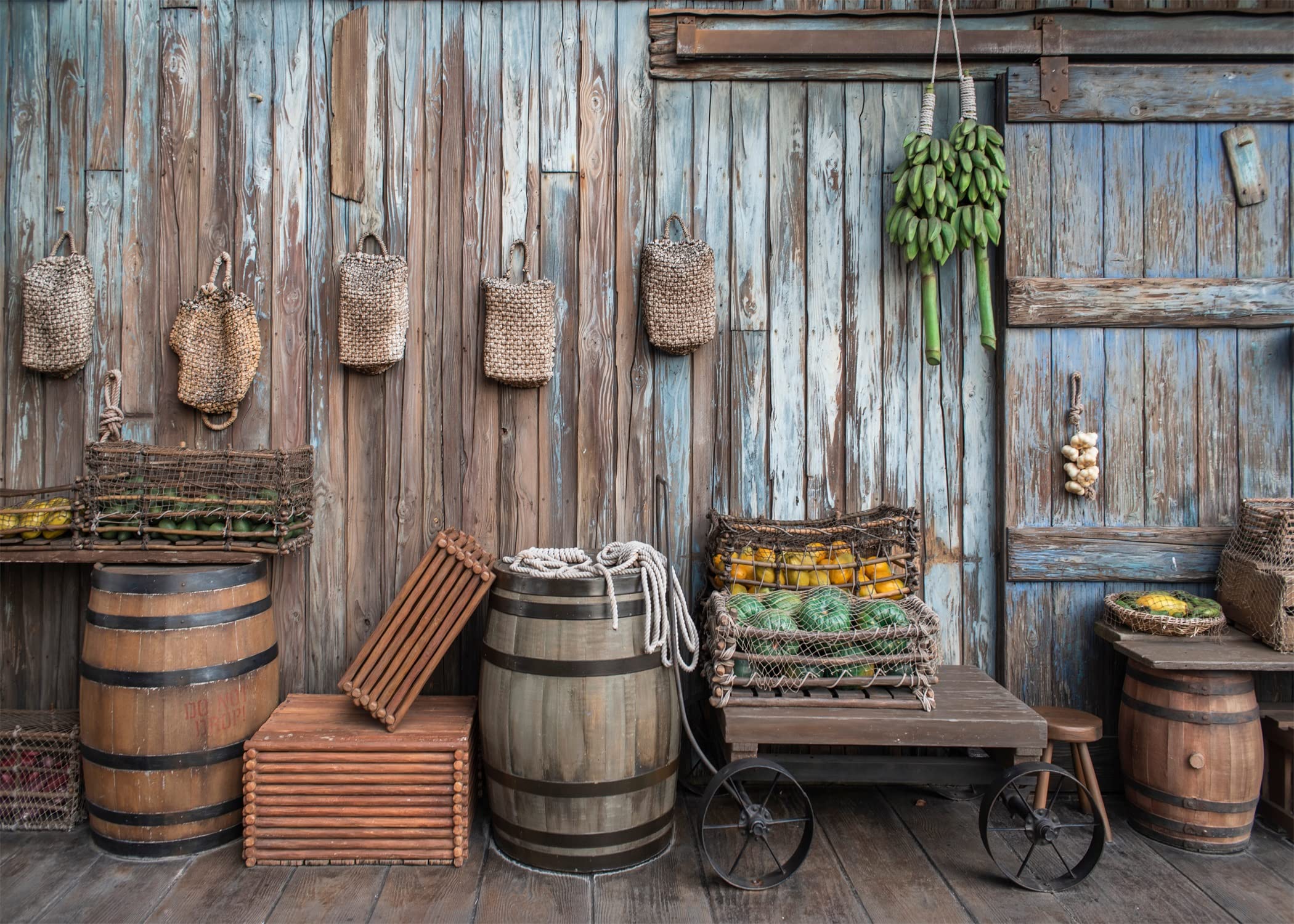BELECO 7x5ft Fabric Old Vintage Grocery Store Marketplace Backdrop Rustic Wooden Planks Wall Rugged Baskets Barrels Countryside Village Photography