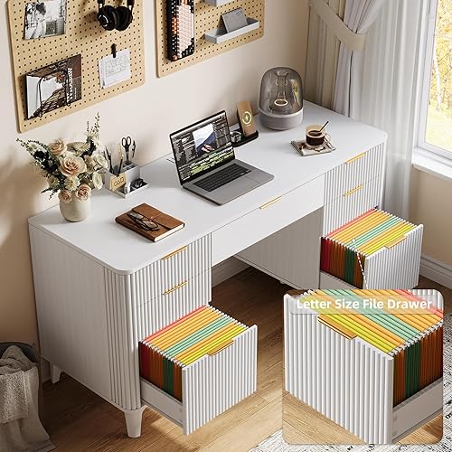 Miniatura 5 de Escritorio Ejecutivo Acanalado de 55.1" con Cajones, Escritorio Blanco con Gabinete de Almacenamiento, Escritorio de Oficina en Casa con Estación de