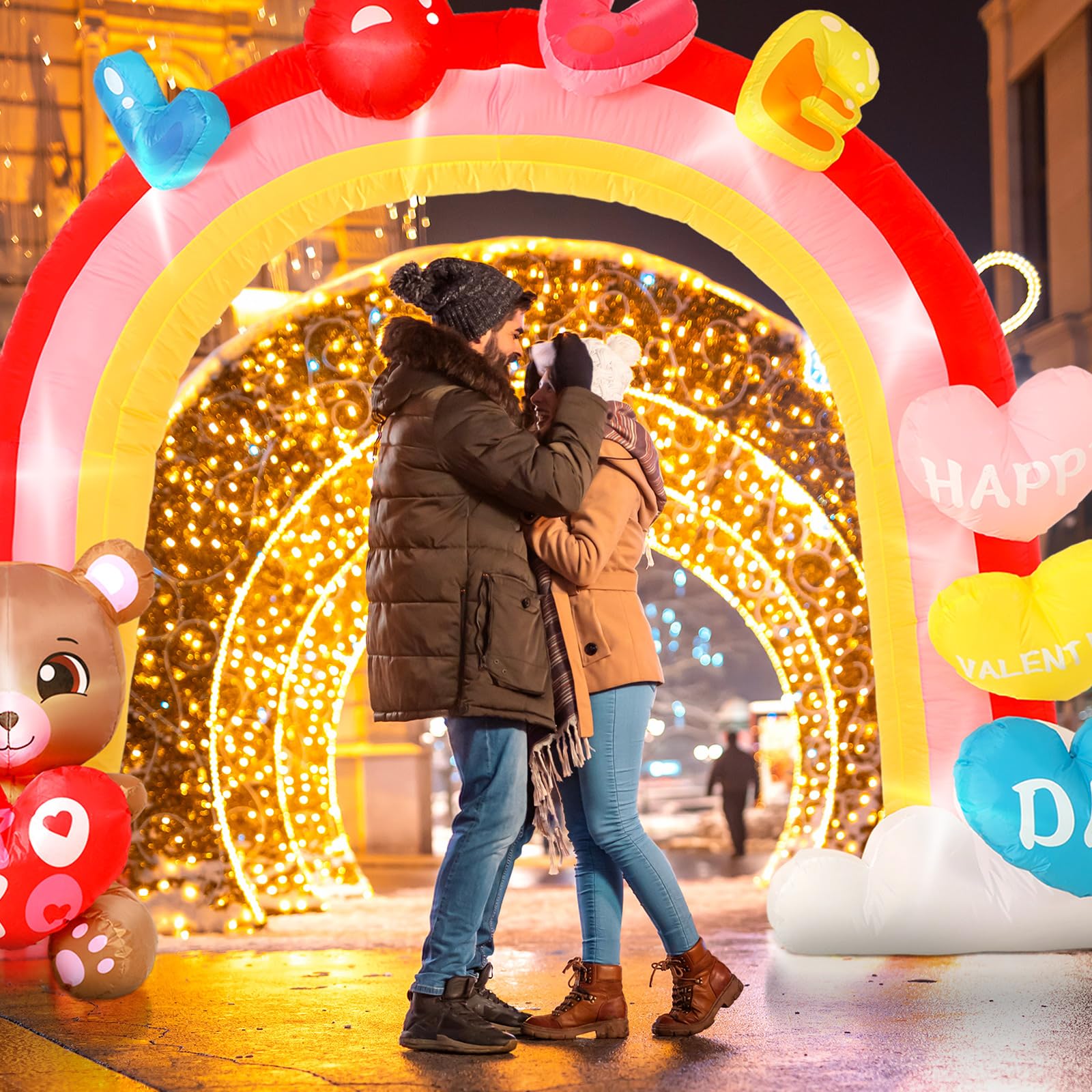 RoundFunny 9 ft Valentines Day Outdoor Decorations, Love Archway Inflatables, Heart Bear Arch Blow up with Build in LED Lights for Yard Lawn Wedding Anniversary Party Decor Supplies