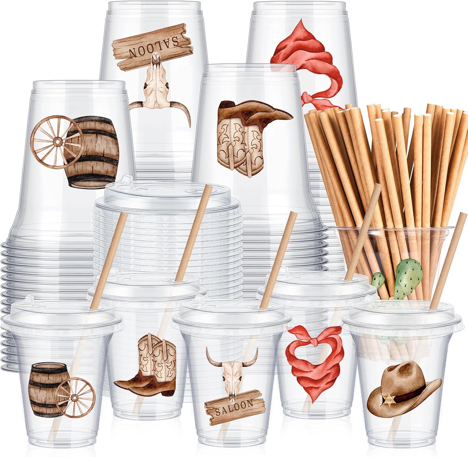 Boao 36 Sets Wild West Party Decorations Cowboy Party Cups with Lids and Paper Straws 14 oz Cowboy Birthday Supplies Brown Pattern Disposable Clear Plastic Cups Bulk