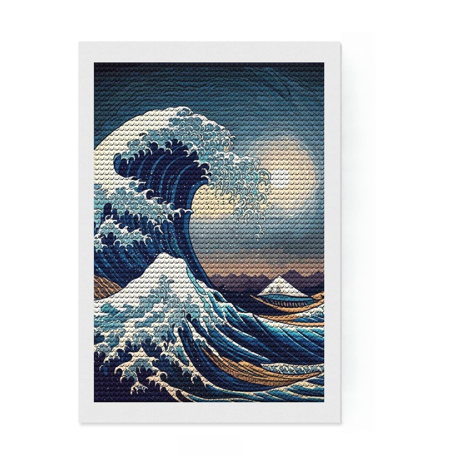 Junmoney Sea Wave Japanese Art 4 Diamond Style Art Kit 8"x12", Holiday Gift Idea, Living Room Decor, Modern Decor, Creative Gift Idea