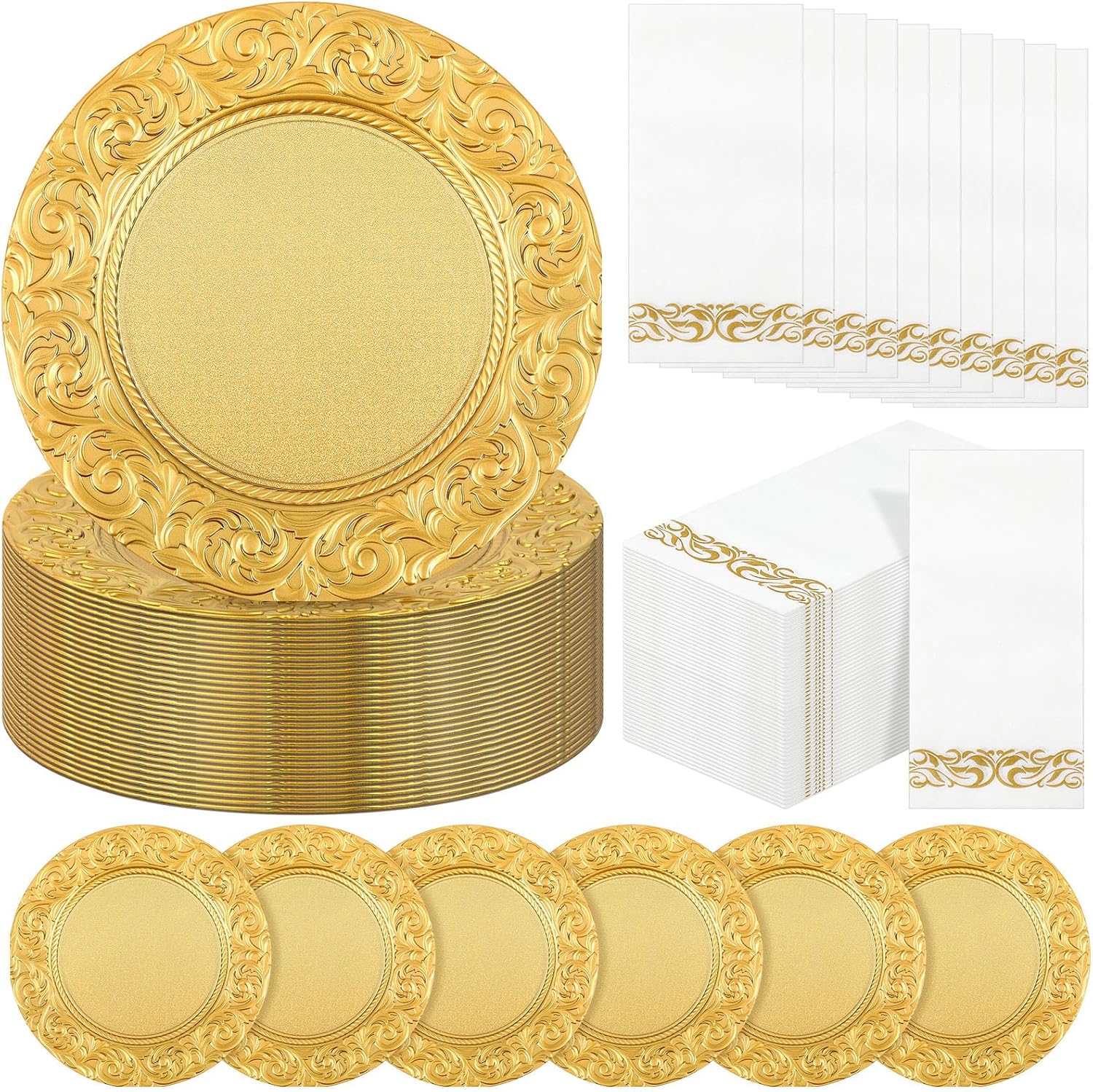 FoldTier 50 Set (100 Pcs) Gold Charger Plates Set 50 Pcs 13 Inch Round Charger