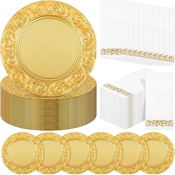 FoldTier 50 Set Antique Charger Plates with Napkins Set 13 Inch Plastic Round Chargers Bulk Embossed Rim Dinner Plates Elegant Guest Towels for Wedding Party Event Table Decoration Setting Gold
