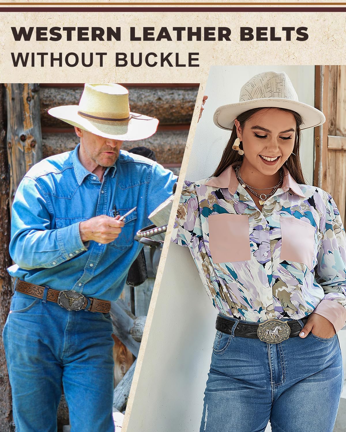 BELTROAD Western Leather Belt Strap for Men Women Cowboy Cowgirl Leather Mens Belts for Jeans Birthday Christmas Belt Gifts - Image 2