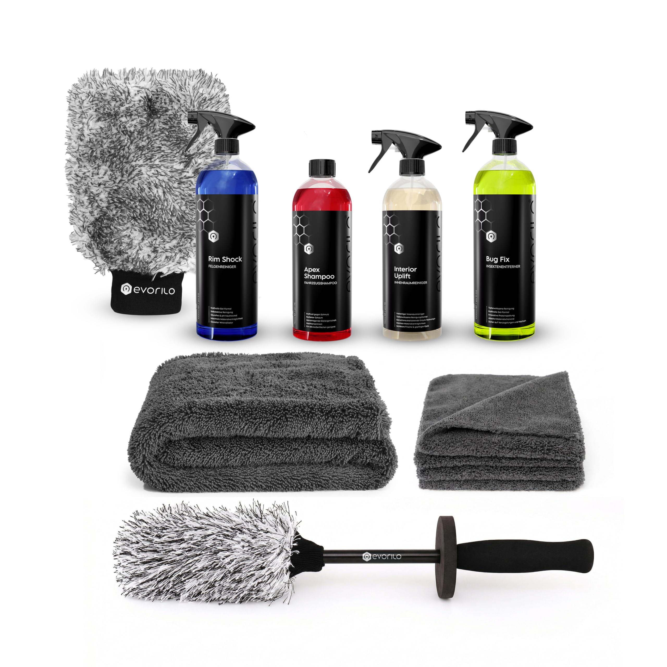 Autopflege-Set Plus 9-teilig – Premium-Grundausstattung für Fahrzeugwäsche, Felgen & Innenraum – inkl. Mikrofasern, Waschhandschuh, Trockentuch & Felgenbürste