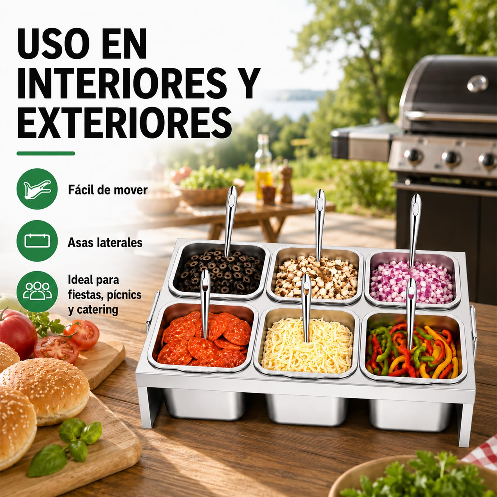 Recipientes de Acero Inoxidable para Alimentos 6 x 2L con Tapa y Cuchara – Estación de Acero Inoxidable para Añadir Ingredientes a la Pizza, BBQ, Salsas y Verduras – Bandeja GN para Cocina Restaurante