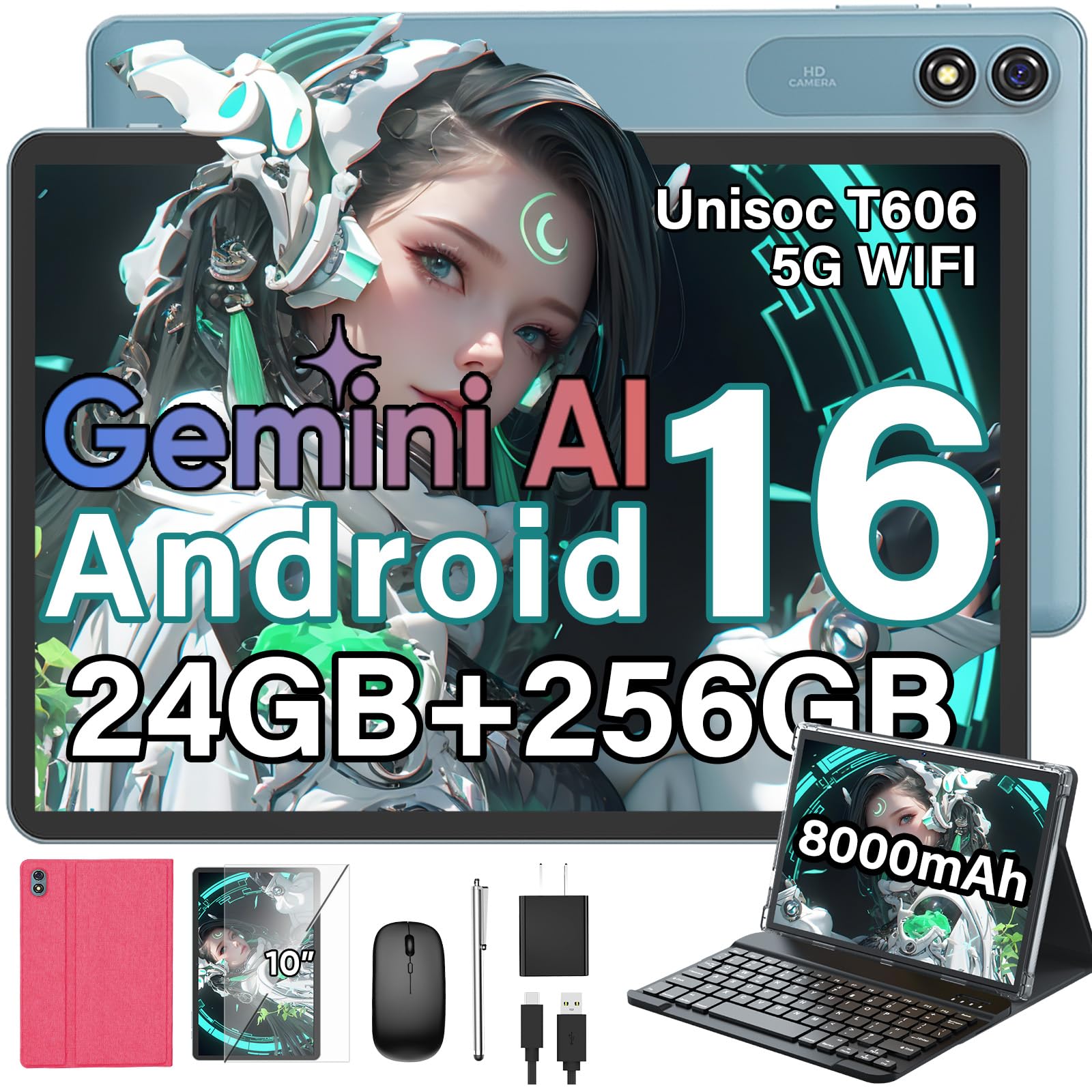 Android 16 Tablet with Keyboard, 10 inch Tablet with 24GB+256GB+2TB Expand | 2026 Gemini AI Tablet PC with 8-Core, 5G WiFi, 8000mAh, GMS, GPS, 2-in-1 Tablet with Case, Mouse, Stylus(Pink case)