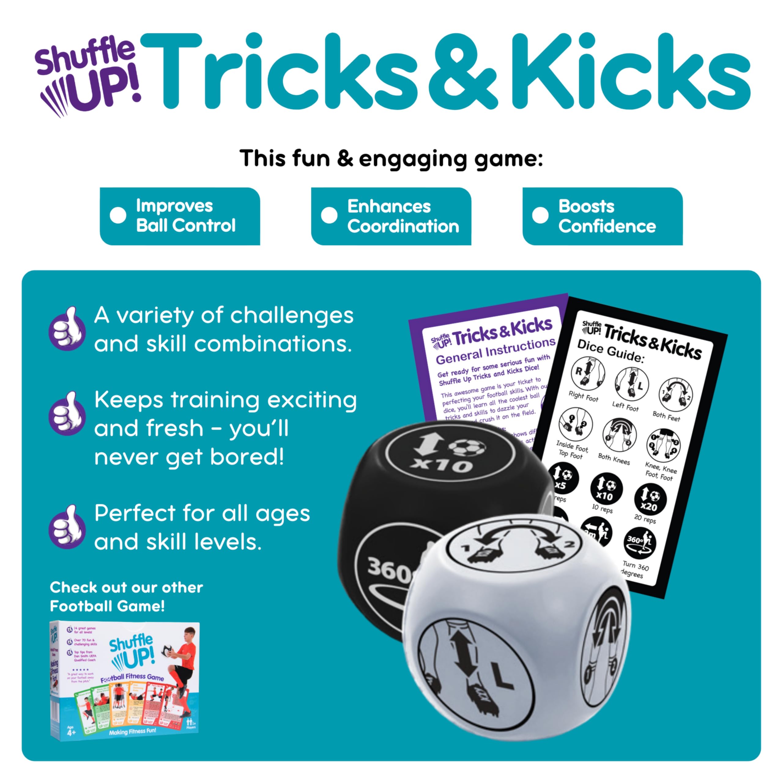 Shuffle Up Tricks & Kicks Football Dice Game, Keepy Uppy Training Dice, Outdoor & Indoor Games for Kids Football Gifts for Boys & Girls - Image 2