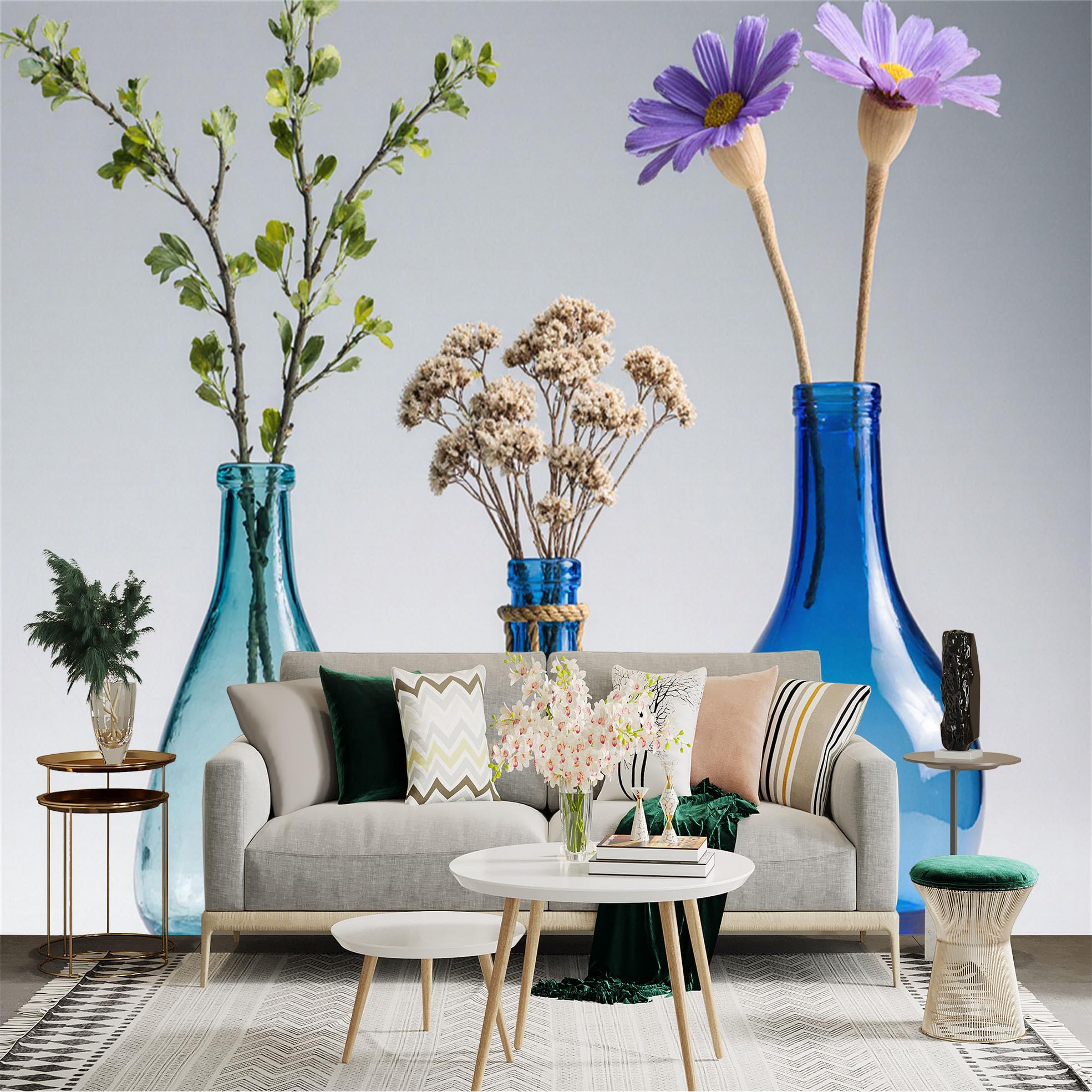 Custom Size Wall Sticker Mural， Trio of Blue Glass Vases， Decorative Dried Flowers and Green Branches， Modern Home Art， for wall Decoration， peelandstick wall Decals.