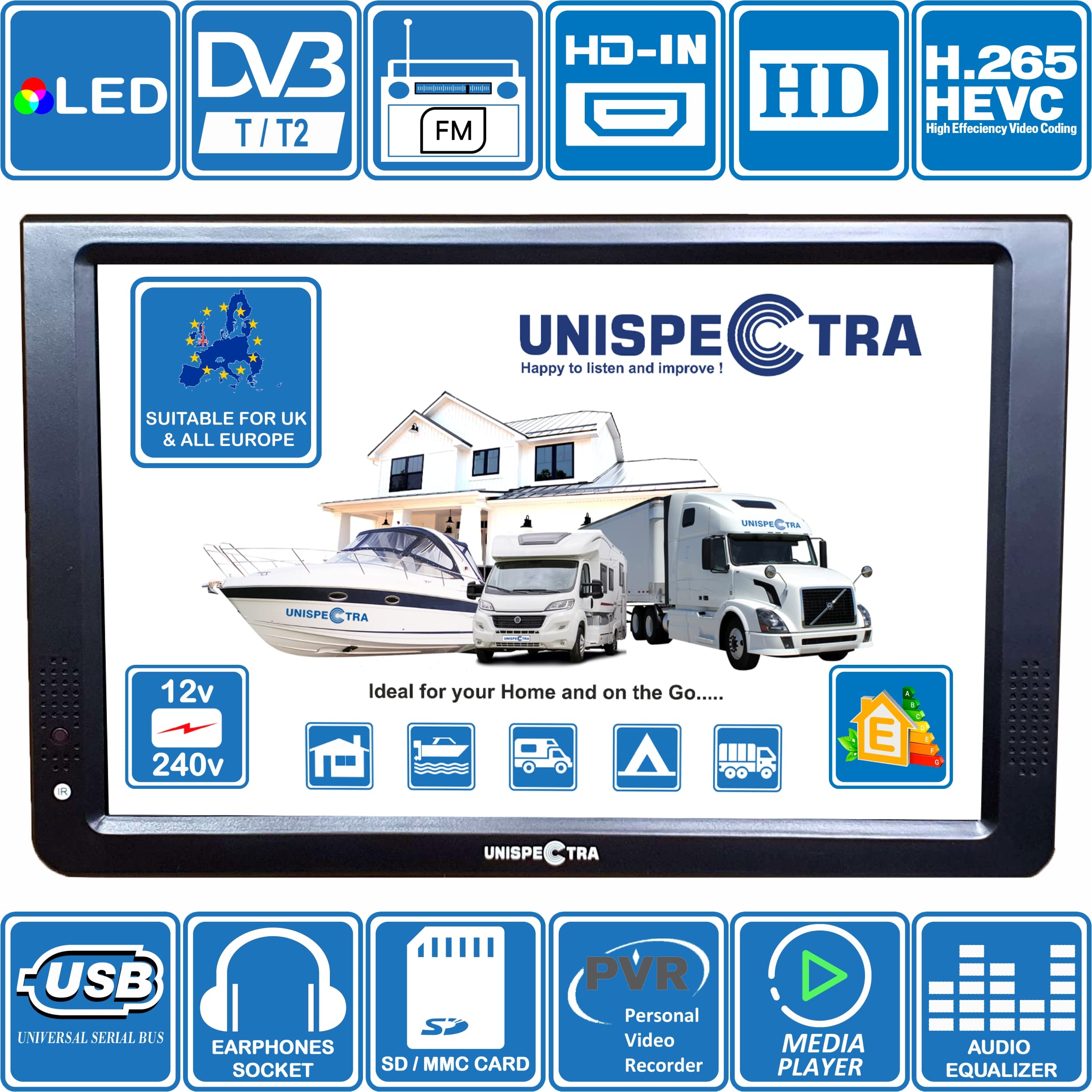 Unispectra® 12 Pouces TV 12V / 230V HD LED Numérique TV DVB-T/T2 (TNT) USB PVR & Lecteur multimédia, Tuner FM, HDMI, AV in/Out. Idéal pour : Maison, Camping-Car, Bateau, Caravane, et Camion