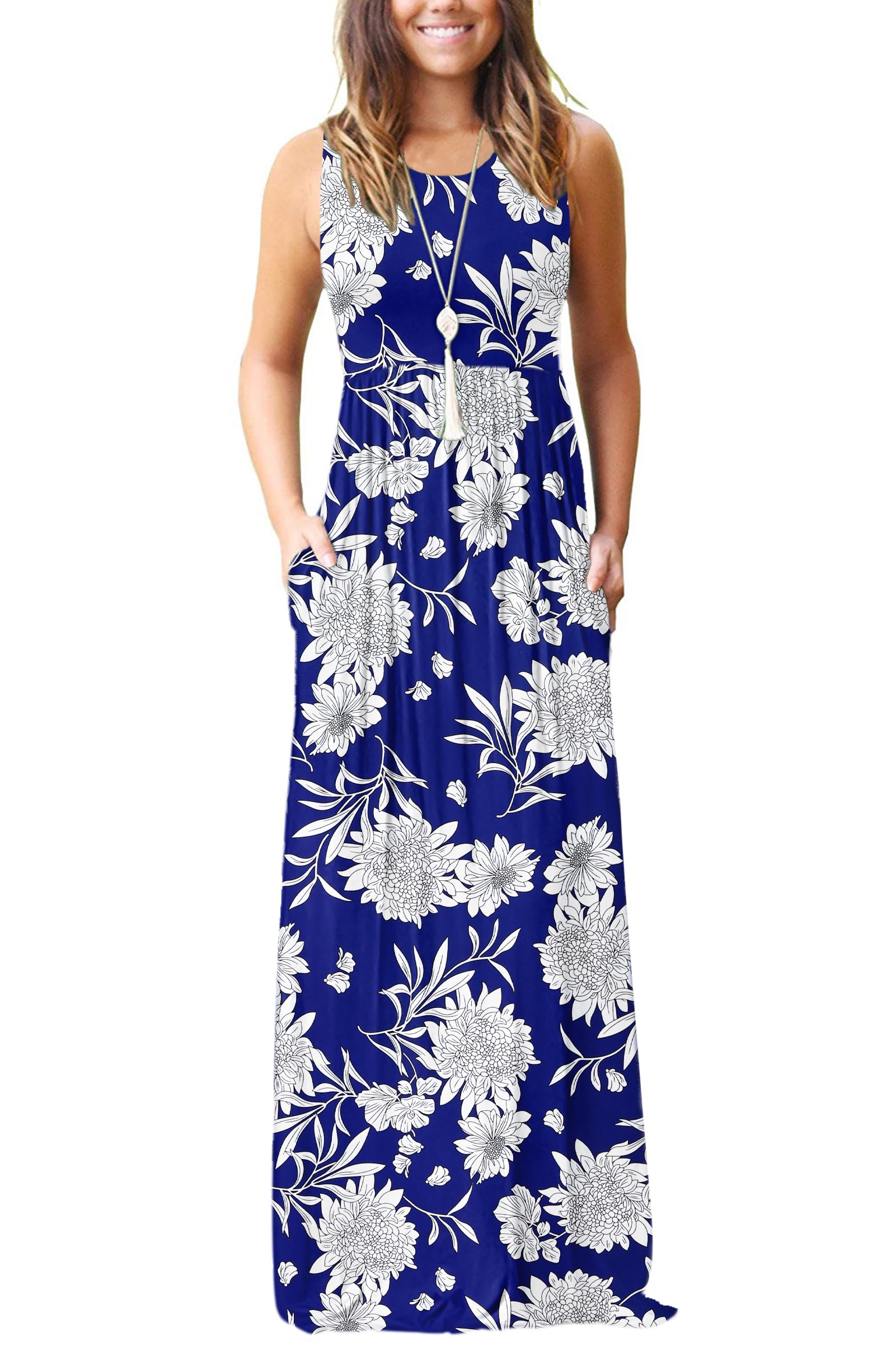 AUSELILY Women's Summer Sleeveless Loose Plain Casual Long Maxi Dresses | Year Round wear solid floral print, Casual daily wear, Empire waist, Floor length, Side pockets New