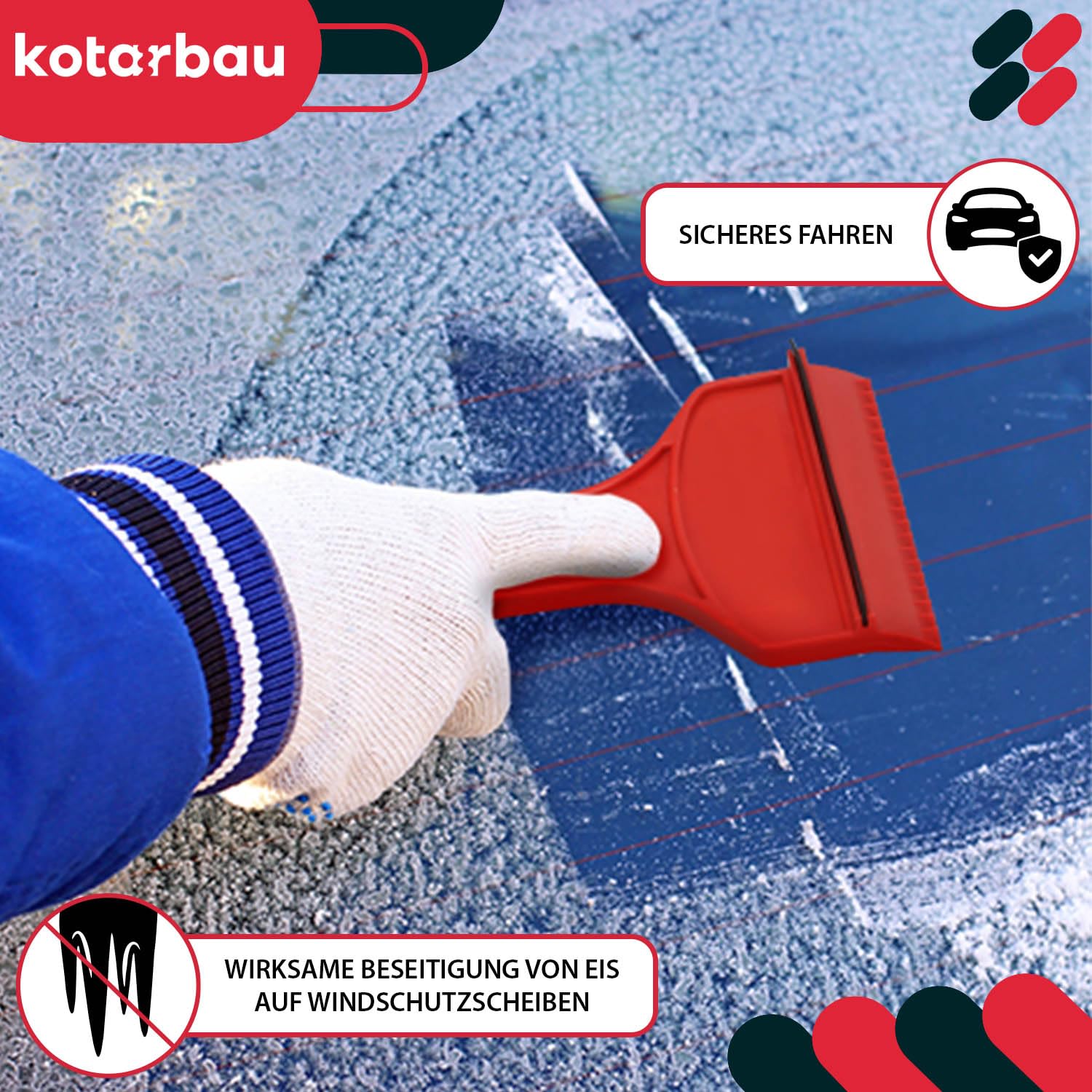 KOTARBAU® Juego de pala de nieve para coche de 40 cm con mango de madera de 131 cm + raspador de hielo para coche, para quitar la nieve, rascador de parabrisas de coche, con borde de goma