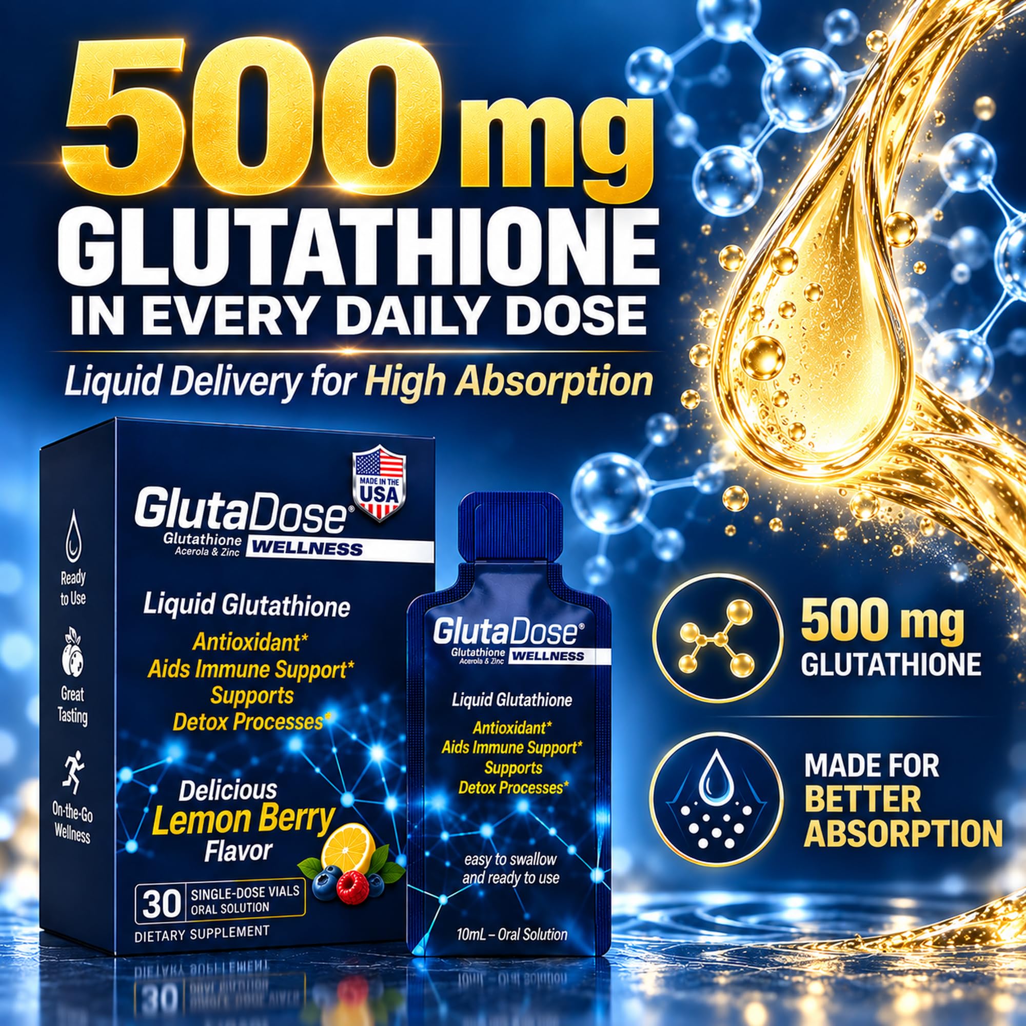 GlutaDose Liquid Glutathione 500mg, Lemon Berry, Vitamin C & Zinc, 30 Vials — Amazon image 3