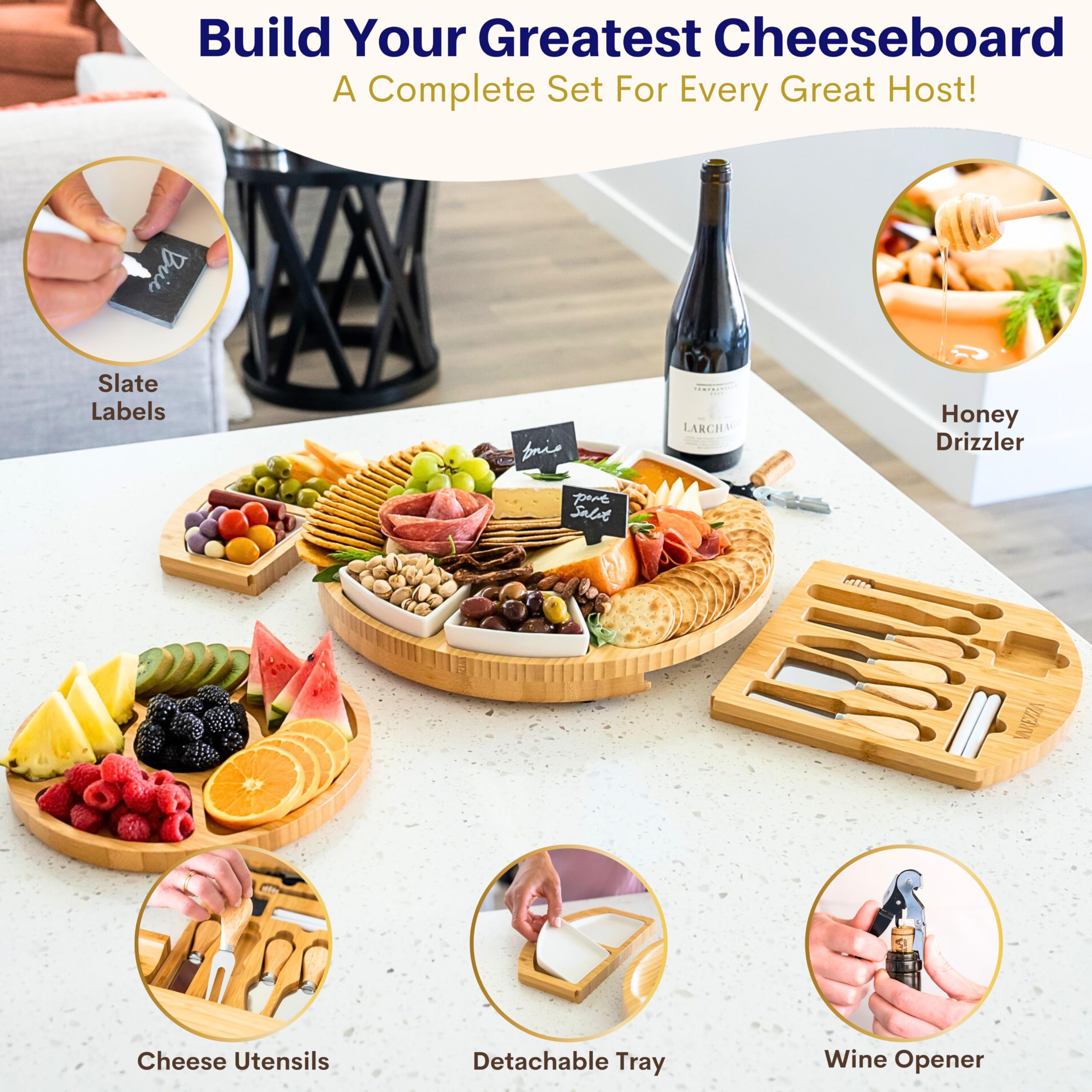 VAREZZA Juego de tablas de charcutería extragrandes: tabla redonda de bambú de 16 pulgadas y juego de cuchillos, bandeja de queso, plato de queso de frutas de bambú, 10 tablas de embutidos, regalos de