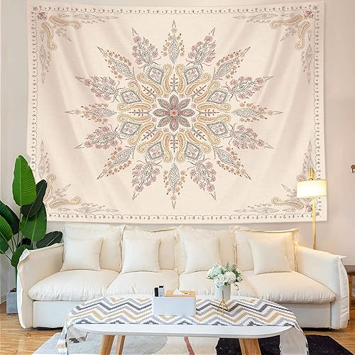 Miniatura 3 de Neasow Tapiz bohemio para colgar en la pared, tapiz floral beige y blanco con estampado de medallón, decoración bohemia para dormitorio, blanco,