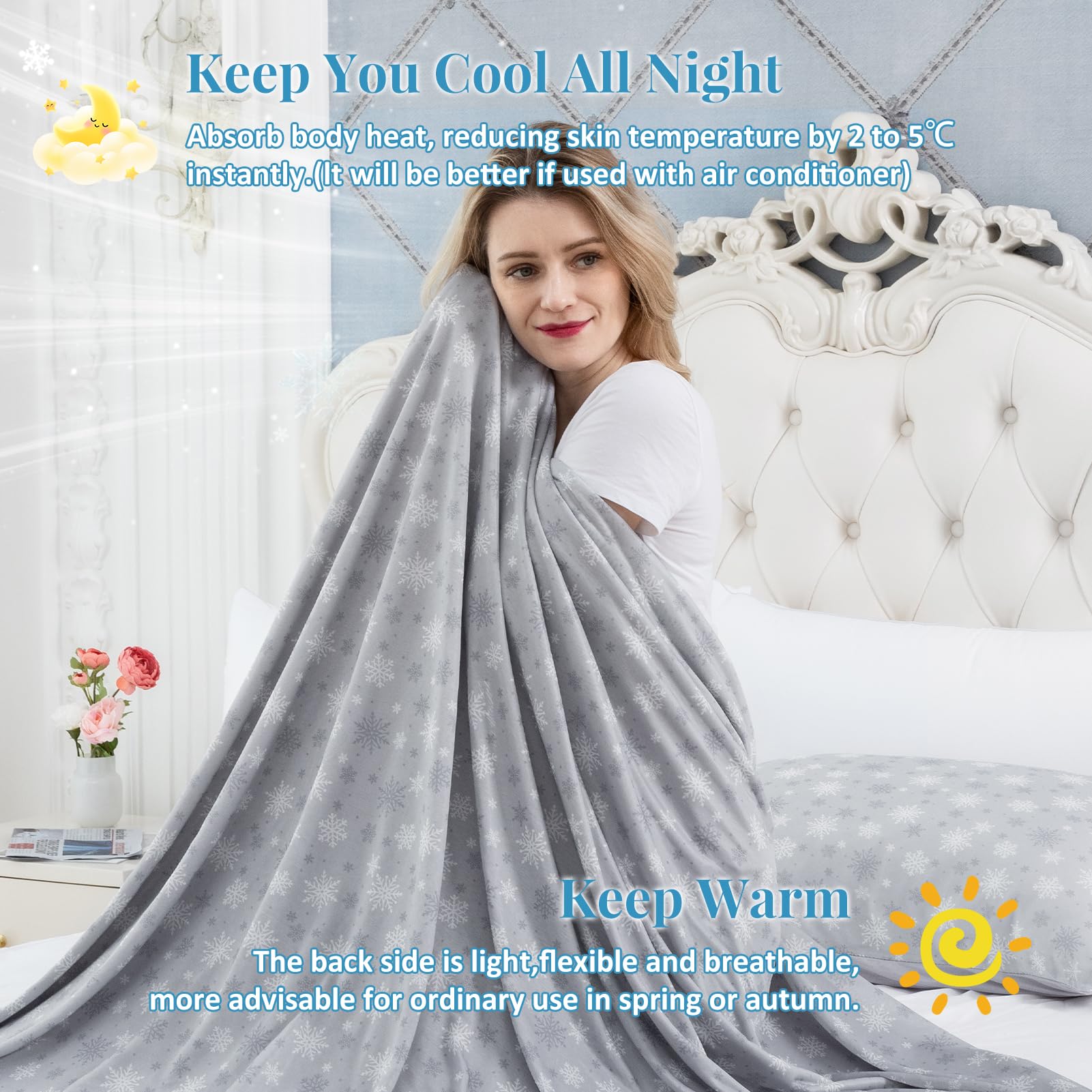 Enfriamiento de Verano, Manta de Verano, Manta refrescante para Sudores nocturnos, Japonesa Q-MAX> 0.45, Gris-Nieve, 228x274cm
