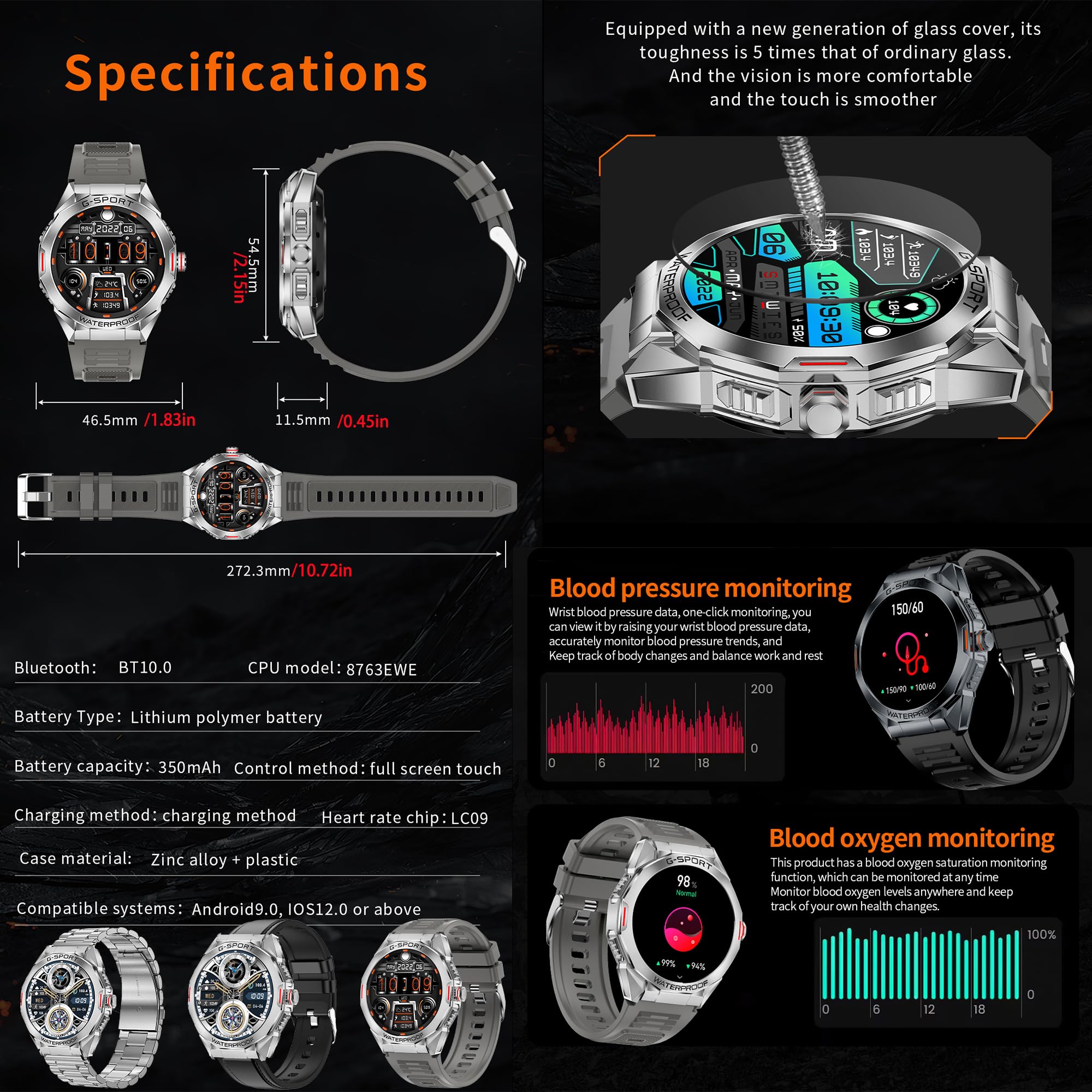 Reloj Inteligente Hombre con Llamadas, 1,46” AMOLED 5ATM Smartwatch Deportivo con Podometro Pulsometro SpO2 Sueño Presion Arterial Pulsera Actividad 5ATM Reloj para iOS Android, 3 Correas (plateado)
