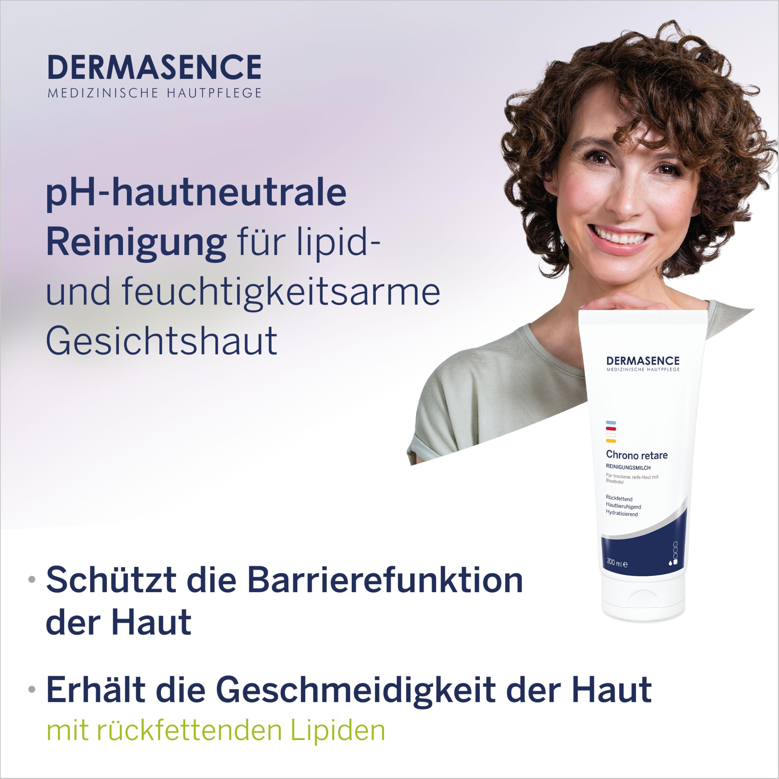 DERMASENCE Chrono Retare Reinigungsmilch, 200 ml, sanfte Abschminkpflege bei trockener und empfindlicher Haut, entfernt Make-up und Schmutz, pflegend und rückfettend, vegan, parfümfrei, für reife Haut