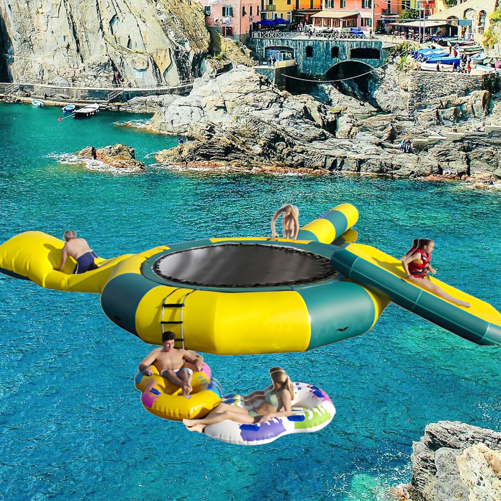 Inflatable Water Lake Trampoline, Inflatable Bounce Swimming Platform with Slide Tube and Diving Pillow Bag, Water Park Water Floating Toys for Adults
