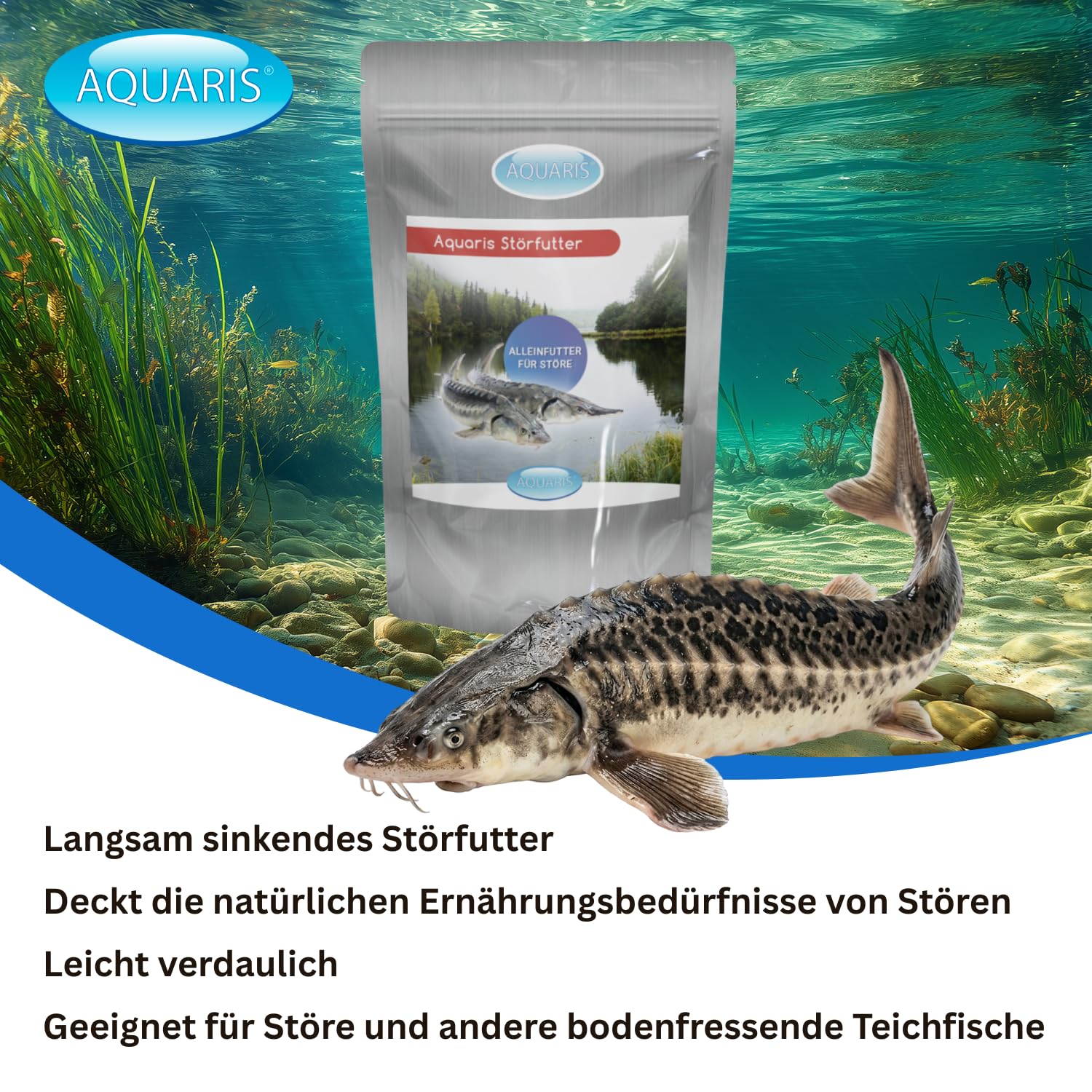 AQUARIS Fischfutter für Störe – wasserstabil, leicht verdaulich, sinkende Pellets für Teichfische (Beluga, Sterlet, Weißer Stör), 3808 g / 5,6 L / 6 mm. Störfutter sinkend 6 mm für große Teichfische