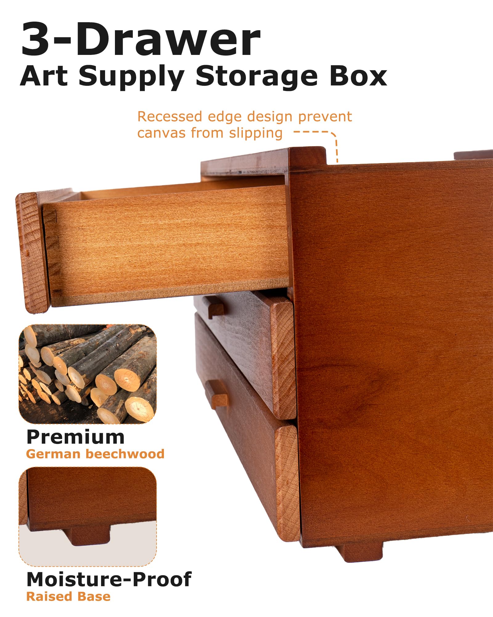 DJAR Boîte de Rangement pour Matériel d'Art 3 Tiroirs, Organisateur en Hêtre Massif pour Pastels, Crayons & Pinceaux, Boîte à Outils Portable pour Artistes, Noyer