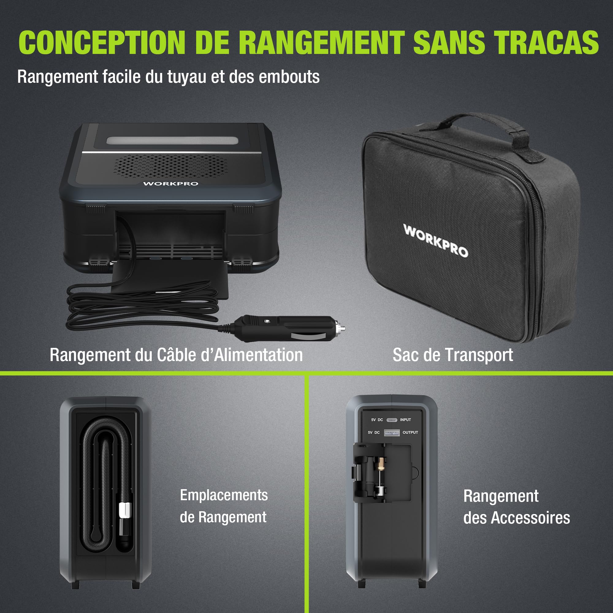 WORKPRO Compresseur à Air Portatif 12 V, Gonfleur Pneu Voiture 150 PSI