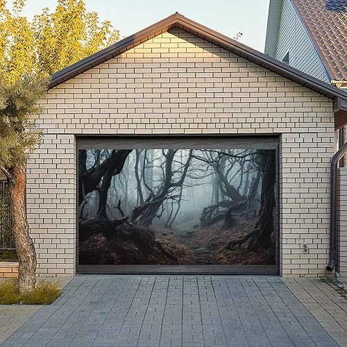 Vista 3 de Telón de fondo de bosque brumoso oscuro de 12 x 10 pies para sesión de fotos, fondo aterrador de víspera de Halloween, arboleda, árboles malvados