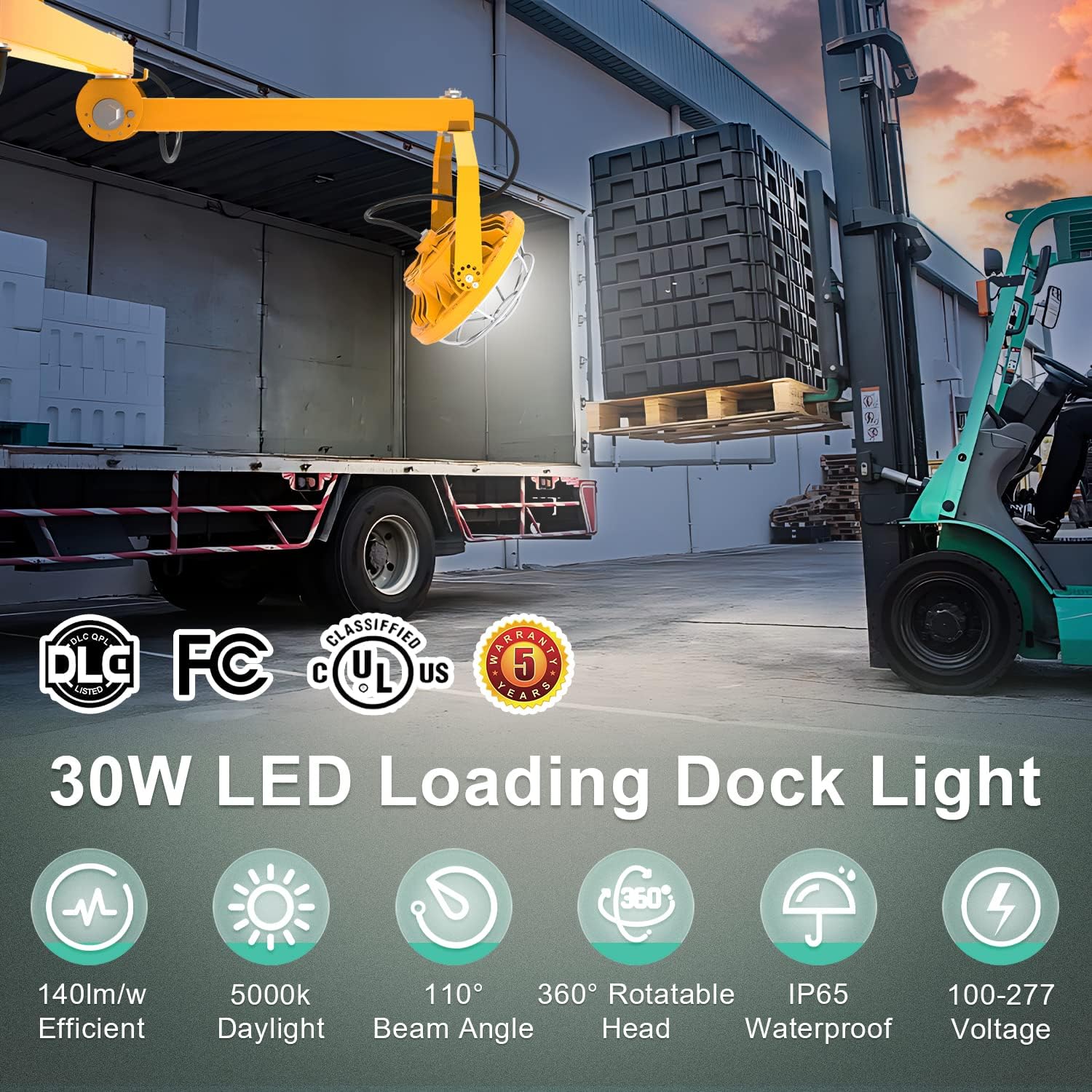 30W LED Loading Dock Light with 40" Swing Arm, 4200LM 5000K, 360° Adjustable Head, IP65 Waterproof Work Light for Trailers, Warehouses, Shipping Bays, UL Listed Industrial Task Lighting