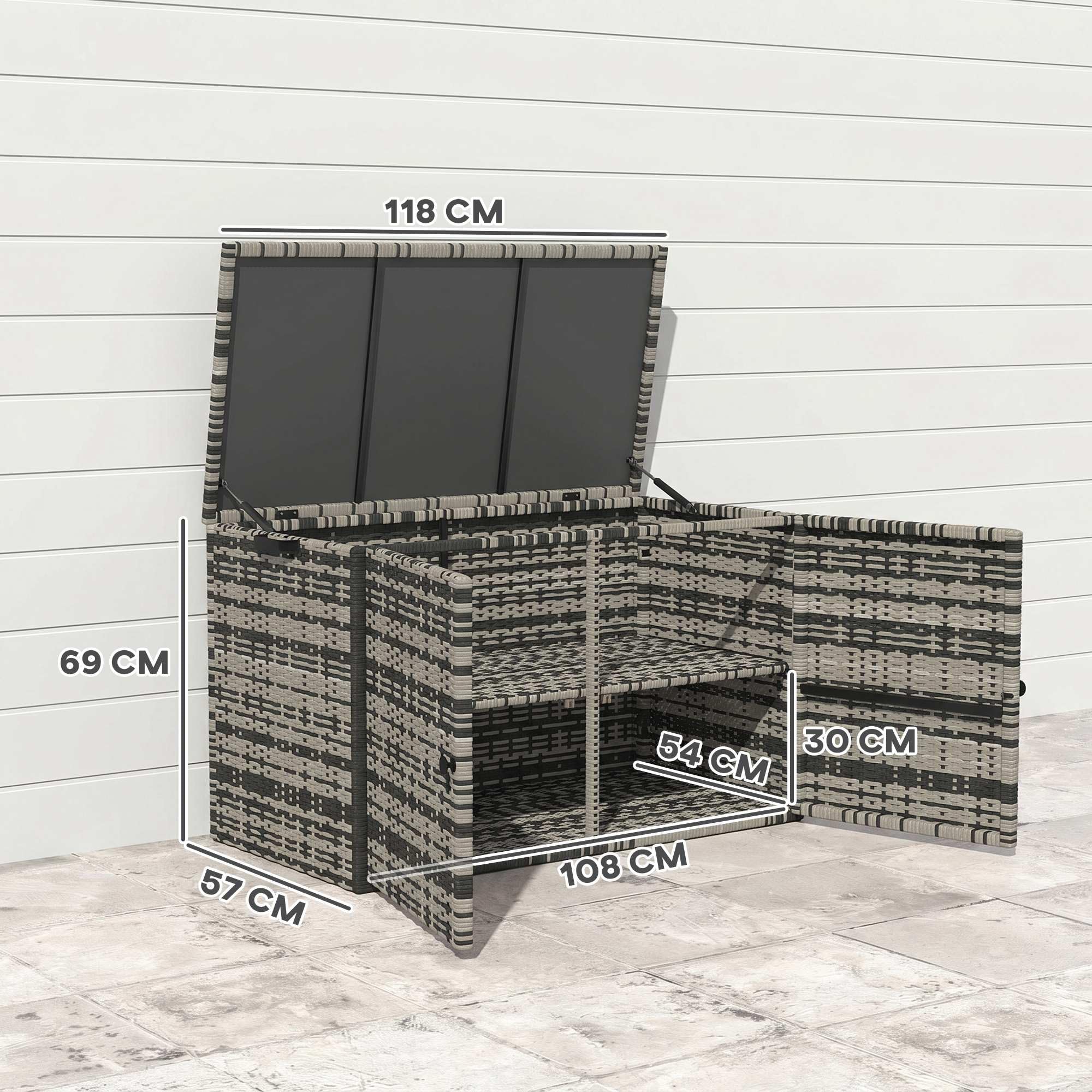 Outsunny Rattan Auflagenbox 350L 2-Ebenne wetterfest Kissenbox mit Deckel Hebestangen Tragegriffe UV-beständig Gartenbox Aufbewahrungsbox Gartentruhe für Garten Terrasse Balkon 118x57x69 cm Mischgrau