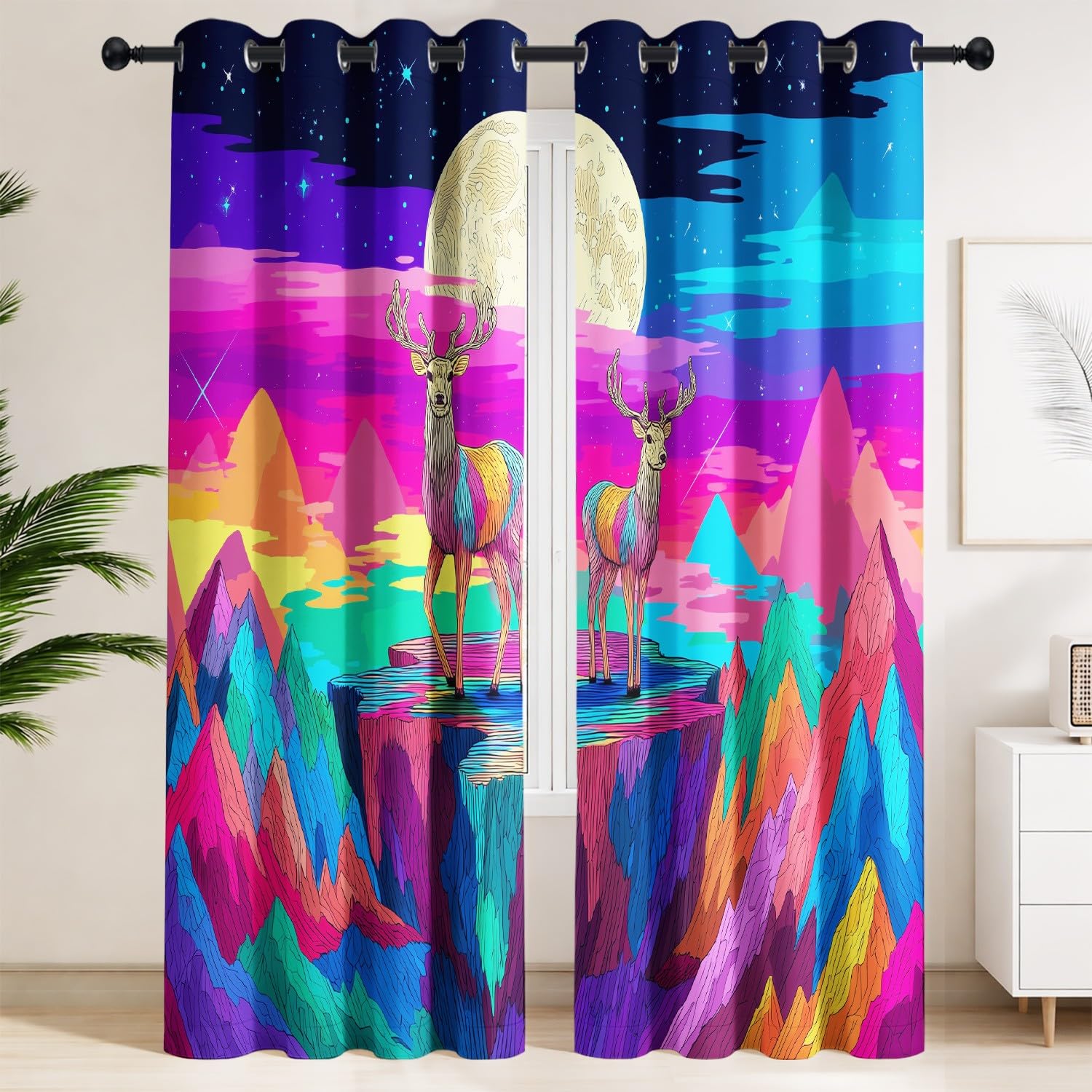 Generisch Verdunkelungsvorhänge Hirsch Sterne Sonnenuntergang mit Ösen, Gardinen für Schlafzimmer & Kinderzimmer, Märchen Grazil 2er-Set Blickdichte Vorhänge B 140 x H 245 cm