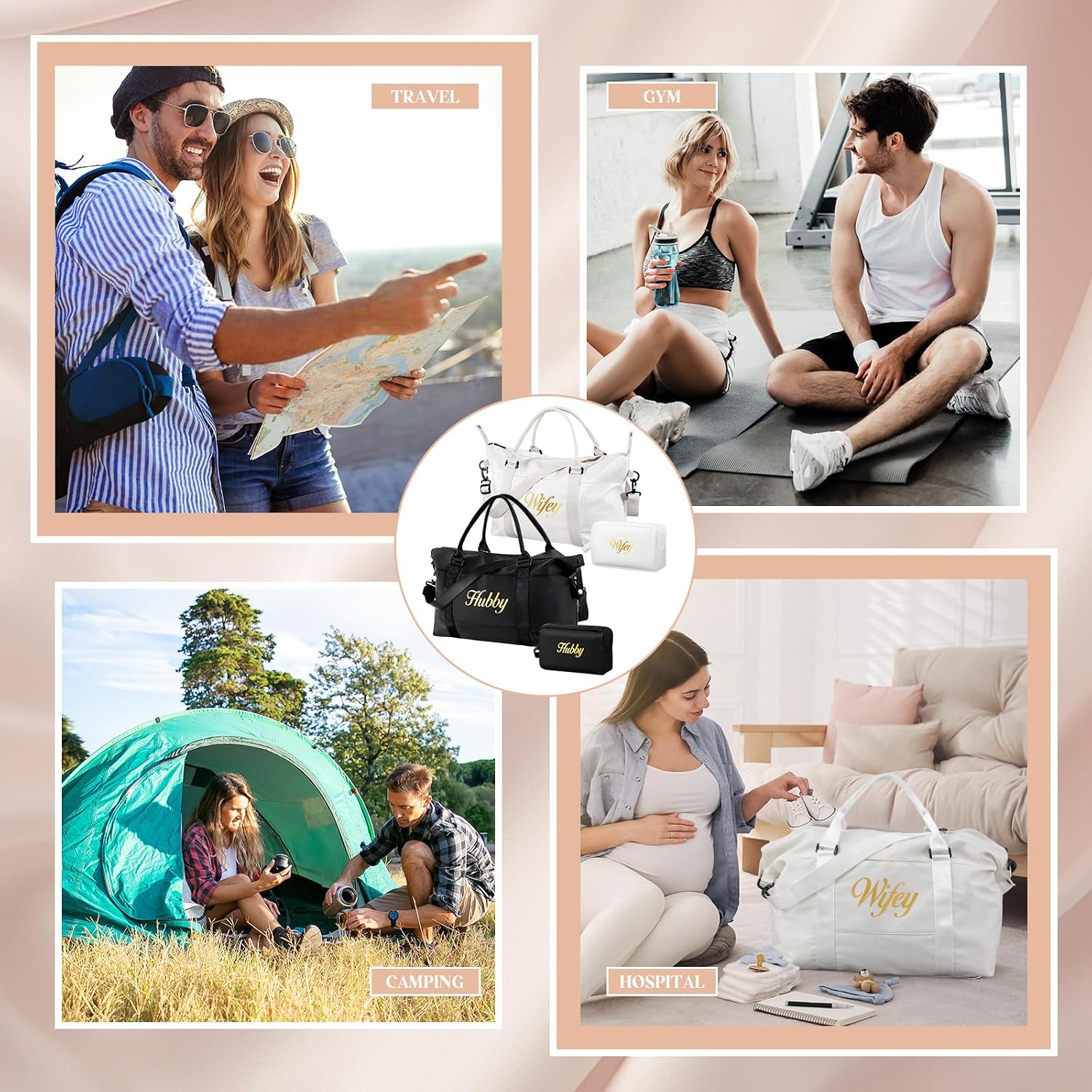 Sanwuta 4 Pcs Wifey Hubby Duffel Bag Set 2 Honeymoon Travel Bags with 2 Toiletry Pouches Weekender Gym Tote for Couple Wedding Engagement Valentines His Hers Gifts Bridal Shower Gifts