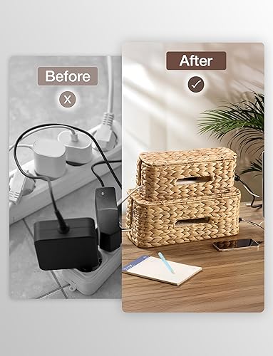Miniatura 4 de Juego de 2 cajas grandes de mimbre para organizar cables, caja de cables para el hogar, la oficina, caja protectora de sobretensiones para cables de