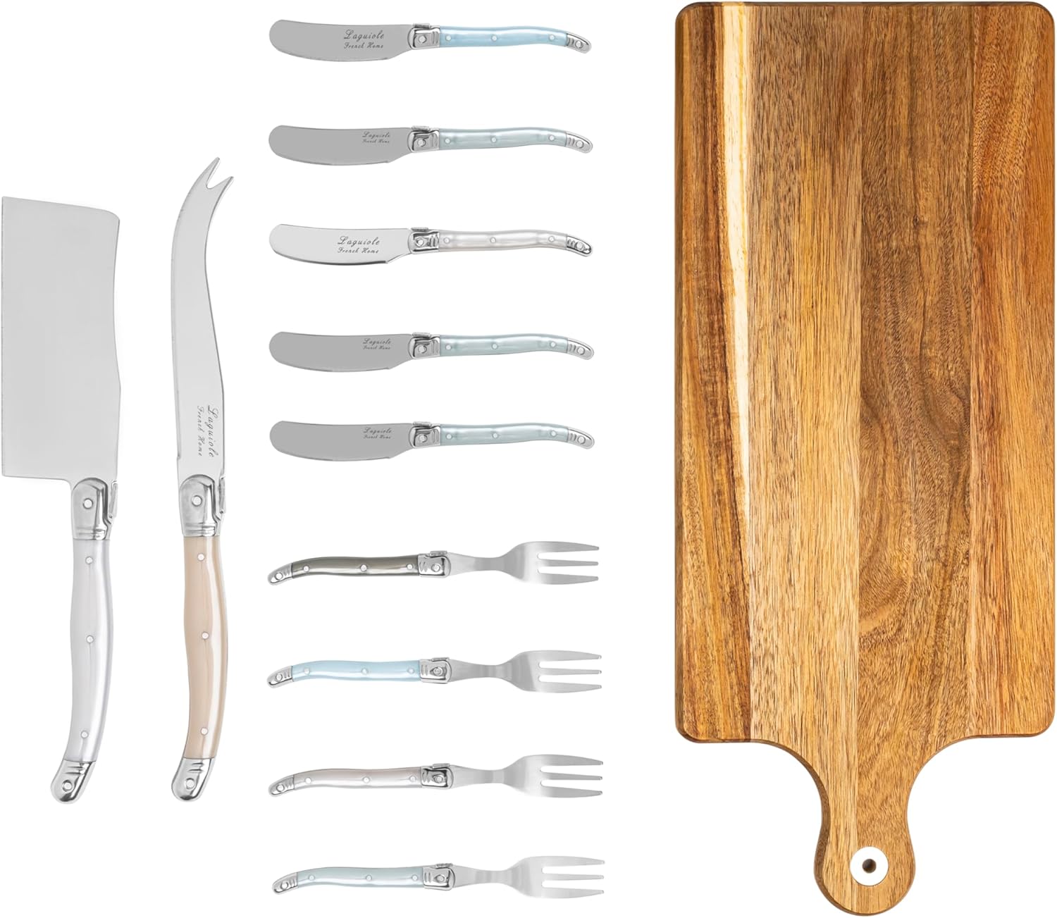 French Home 12 Piece Laguiole Charcuterie Set with Wood Serving Board (Mother of Pearl) – Cutlery Set Cheese — Serving Utensil Set — Charcuterie Tools
