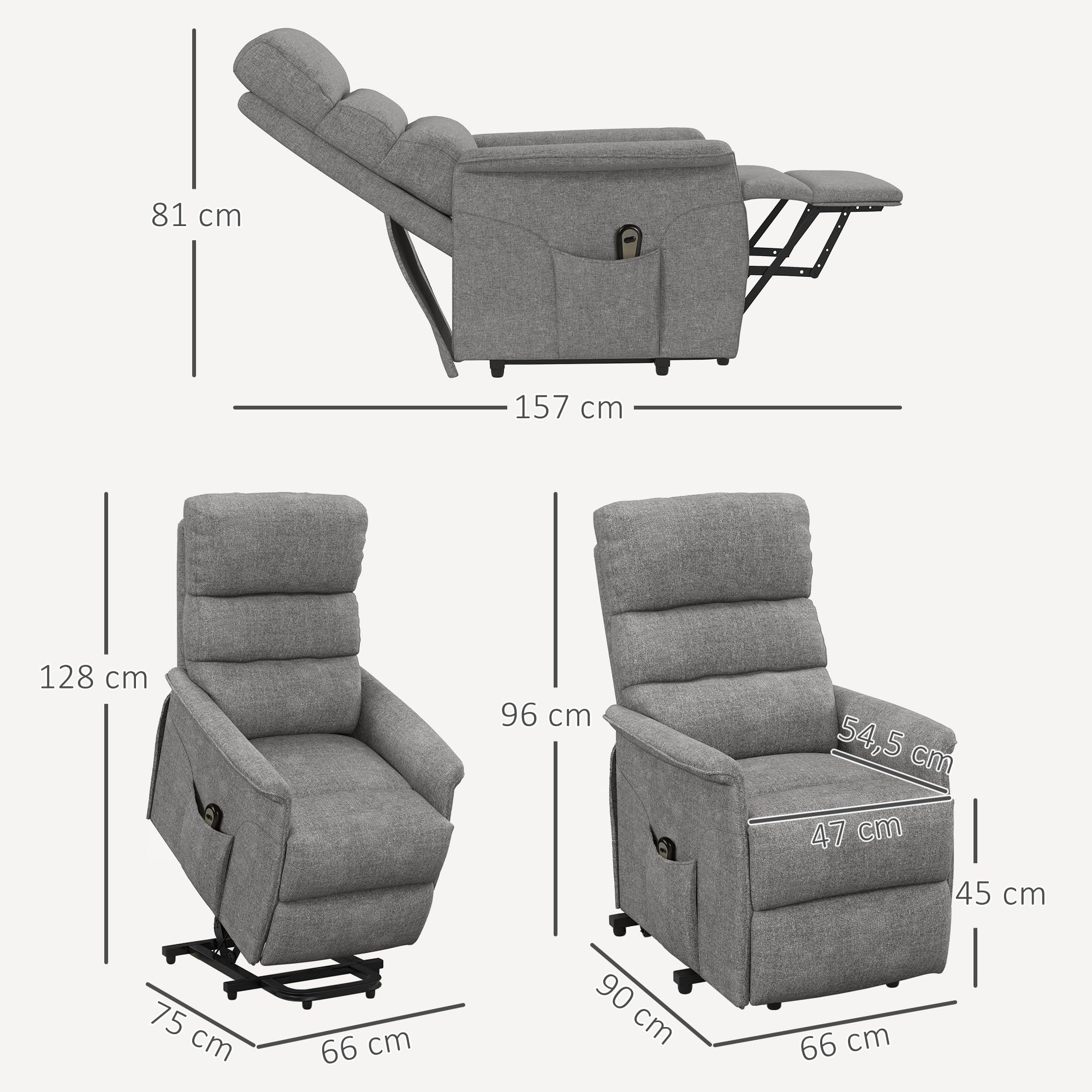 HOMCOM Fauteuil releveur électrique Fauteuil de Relaxation inclinable avec Repose-Pied, télécommande, Pochette, Tissu de Lin, Gris