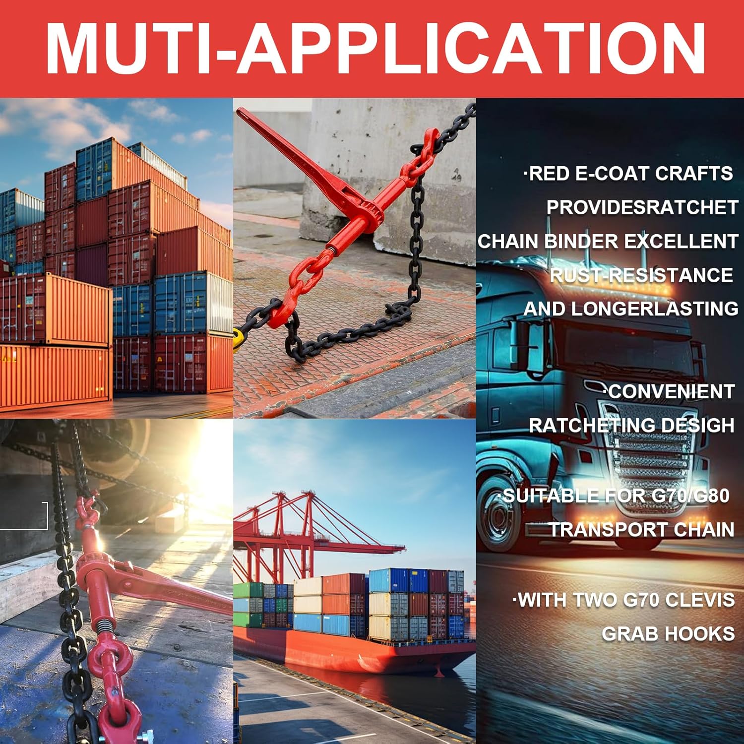 AAIN Ratchet Load Binder with 2 Grab Hooks for 1/4" or 5/16" Grade 70/80 Transport Chain | Load Binder with 2,200 LBS Working Load Limit for Towing Truck and Binding Equipment(4 Pack)