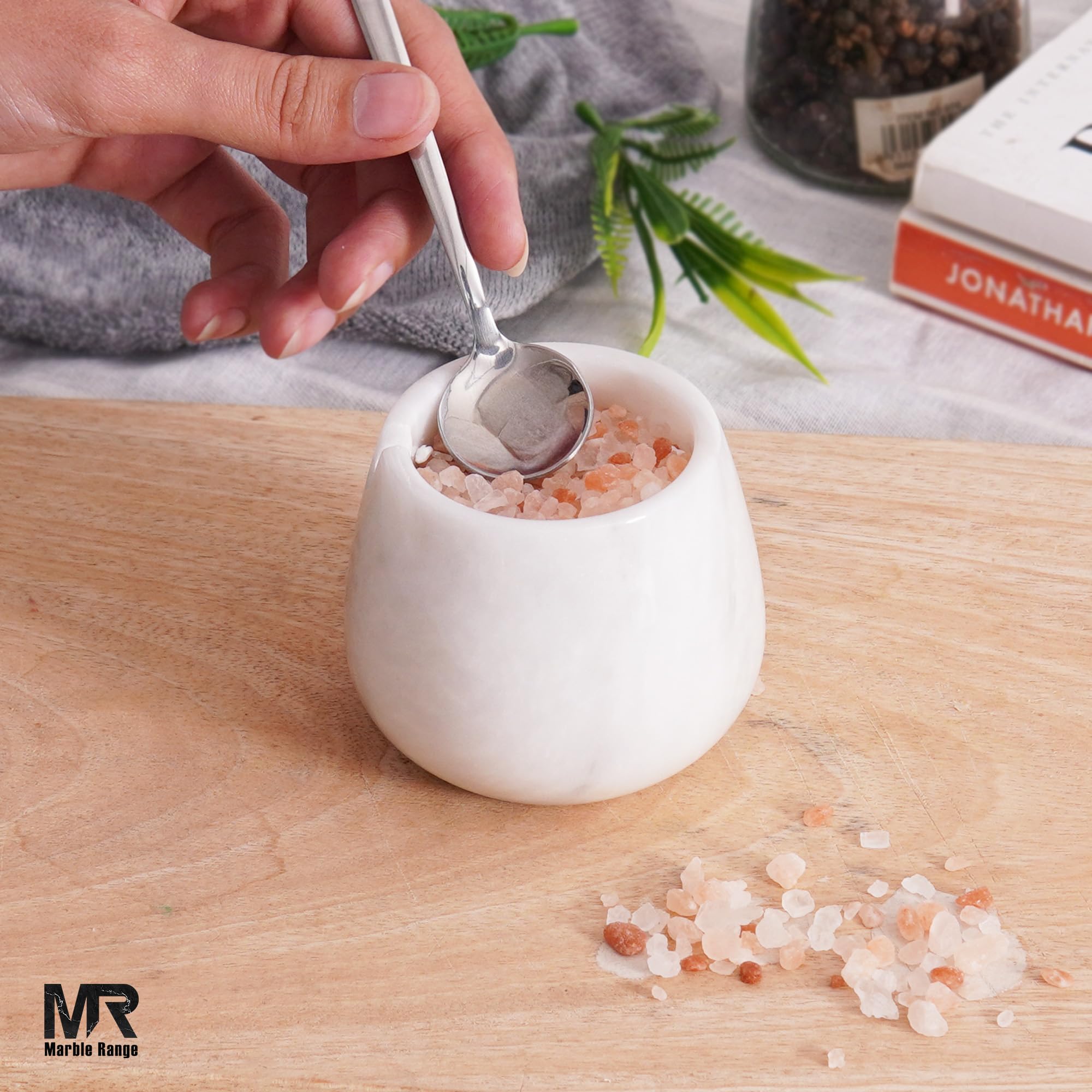 Salière en marbre avec couvercle 8,9 cm - Blanc - Récipient d'assaisonnement fait à la main pour le rangement de la cuisine - Idéal pour sucrier, pot à épices et salière pour table de cuisine