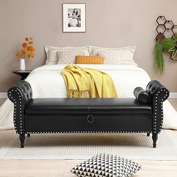 63" PU Upholstered End of Bed Bench Flip Top Entryway Ottoman with Safety Hinge Storage Rectangular Sofa Stool Buttons Tufted Nailhead Trimmed Solid Wood Legs with 1 Pillow,Black
