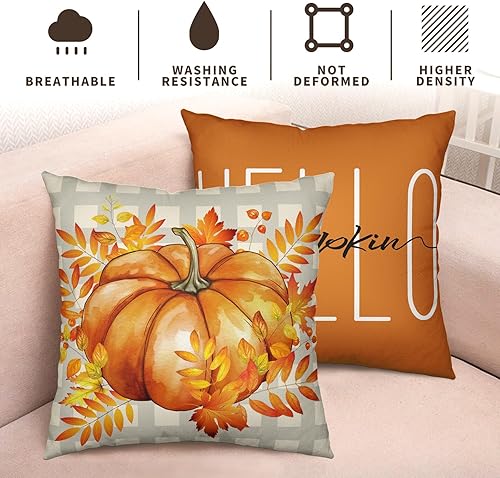 Miniatura 4 de Juego de 2 fundas de almohada decorativas de otoño de 20 x 20 pulgadas, con hojas de arce, calabaza, casa de campo, fundas de almohada de lino
