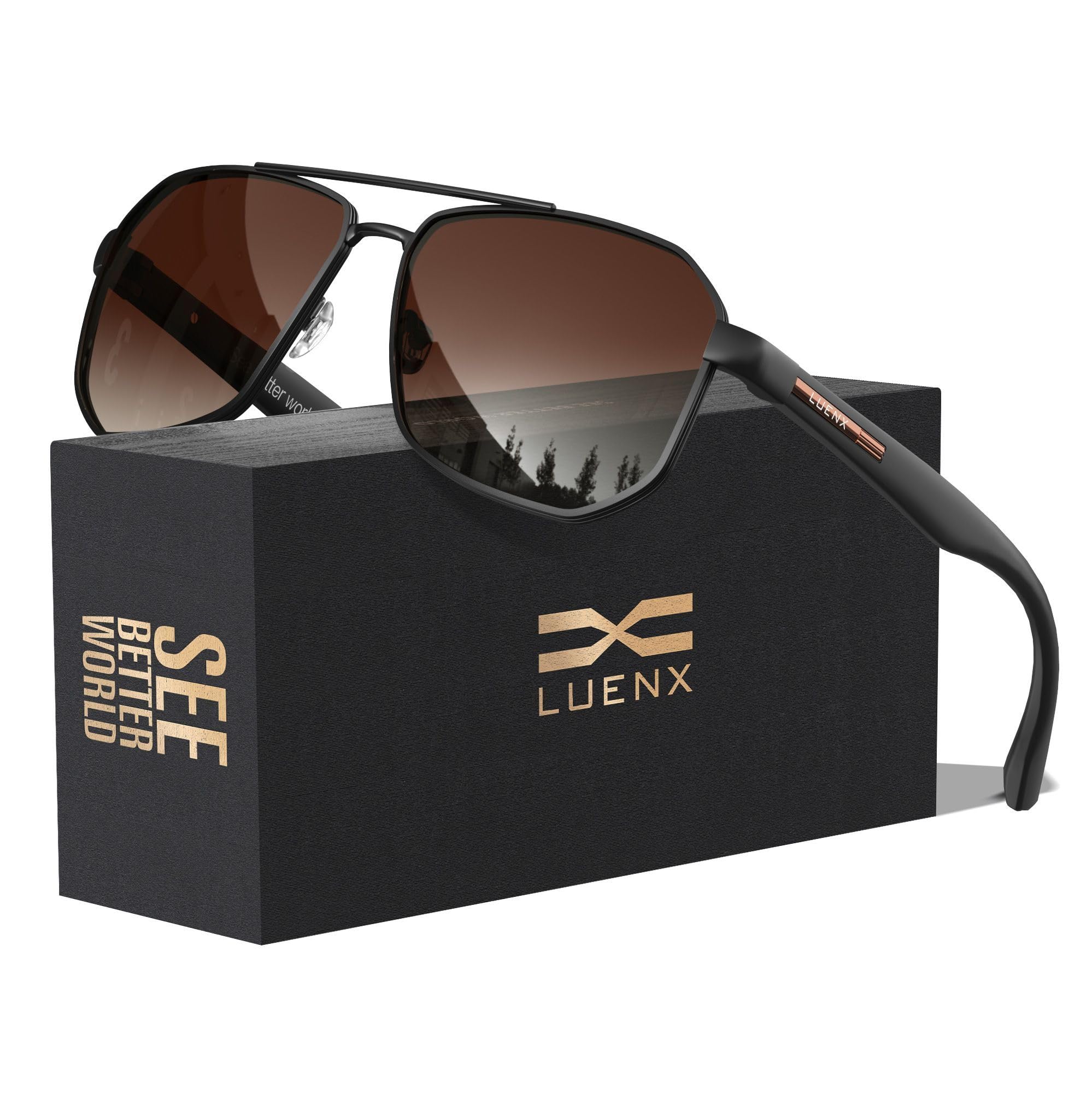 LUENX Aviator Sunglasses for Men Square Polarized Polygon Shades UV400 Sun Glasses 61mm,Gradient Amber Lens Matte Frame