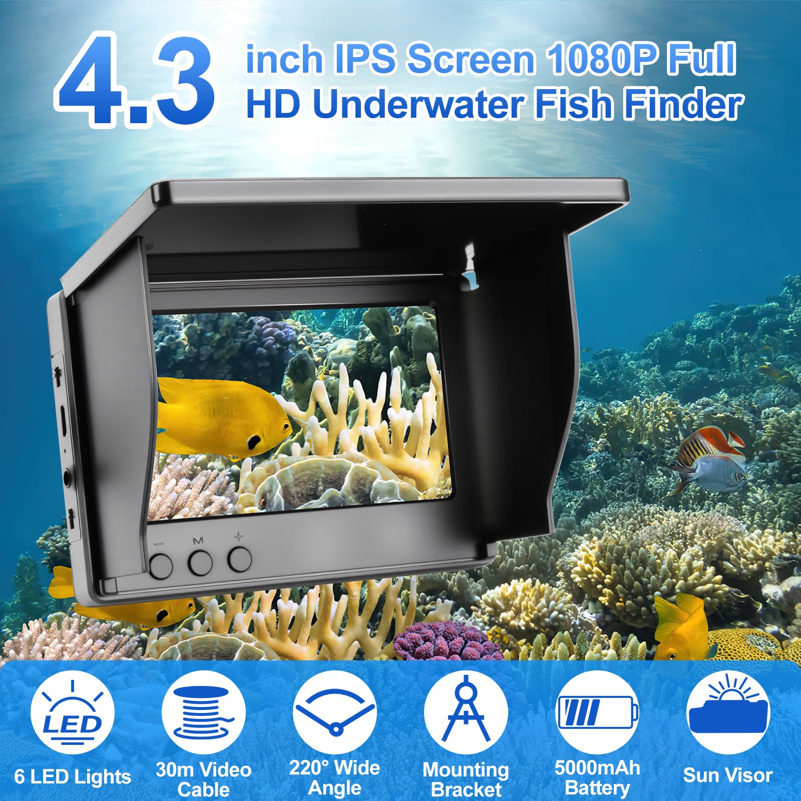 Underwater Fishing Camera, 5000mAh Battery Fish Finder Camera Waterproof with 4.3 Inch IPS Display and 30M Cable, 220° Wide Angle Night Vision for Ice, River and Boat Fishing