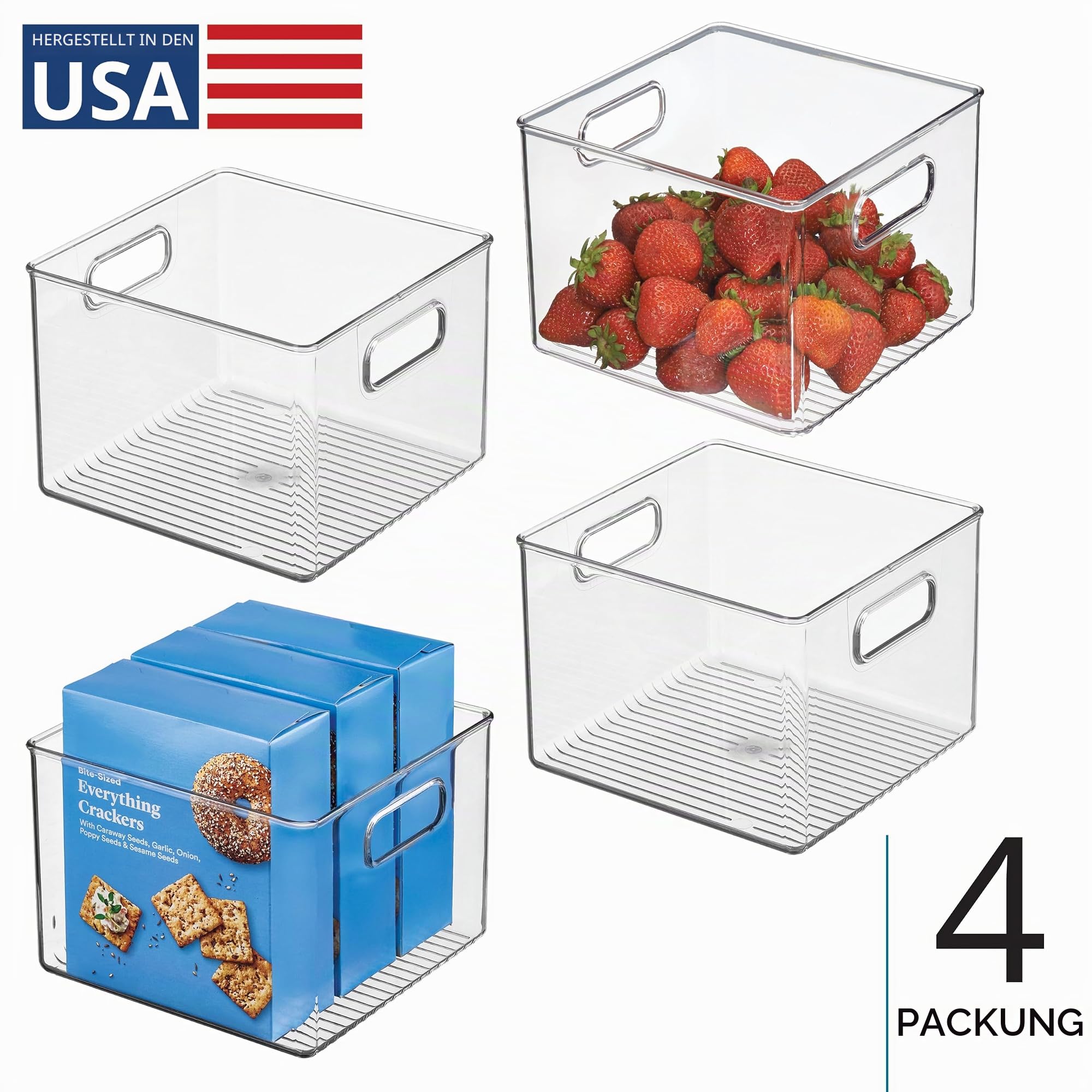 iDesign Cabinet/Kitchen Binz Aufbewahrungsbox, große Ordnungsbox aus Kunststoff, quadratisches 4er-Set Küchen Organizer, durchsichtig, 20-cm by 20-cm by 15-cm