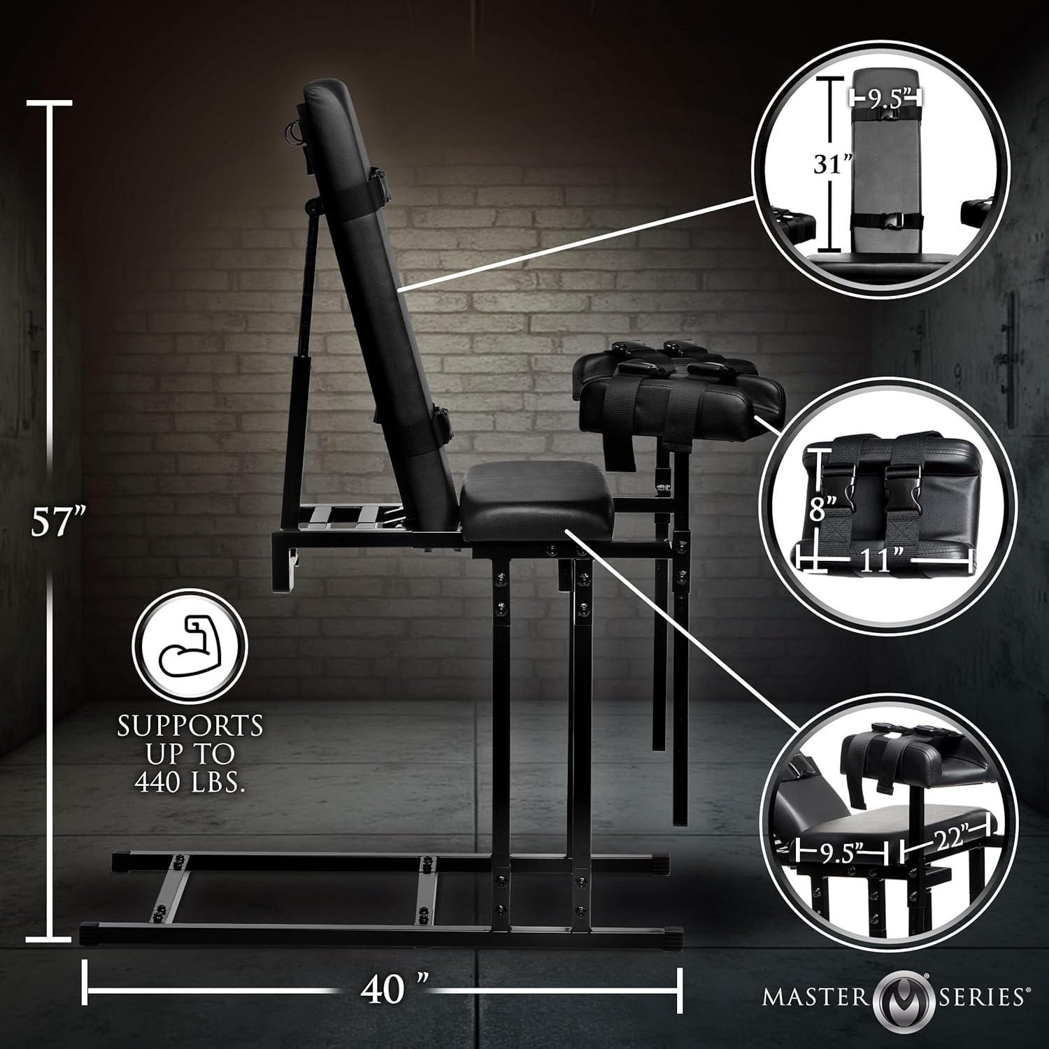 Master Series Adjustable Bondage Chair: BDSM Sex Bench with Restraint Straps – Sturdy Bondage Kit for Men, Women & Couples – Thick Padded Seat, Holds Up to 440 lbs (199 kg), Black